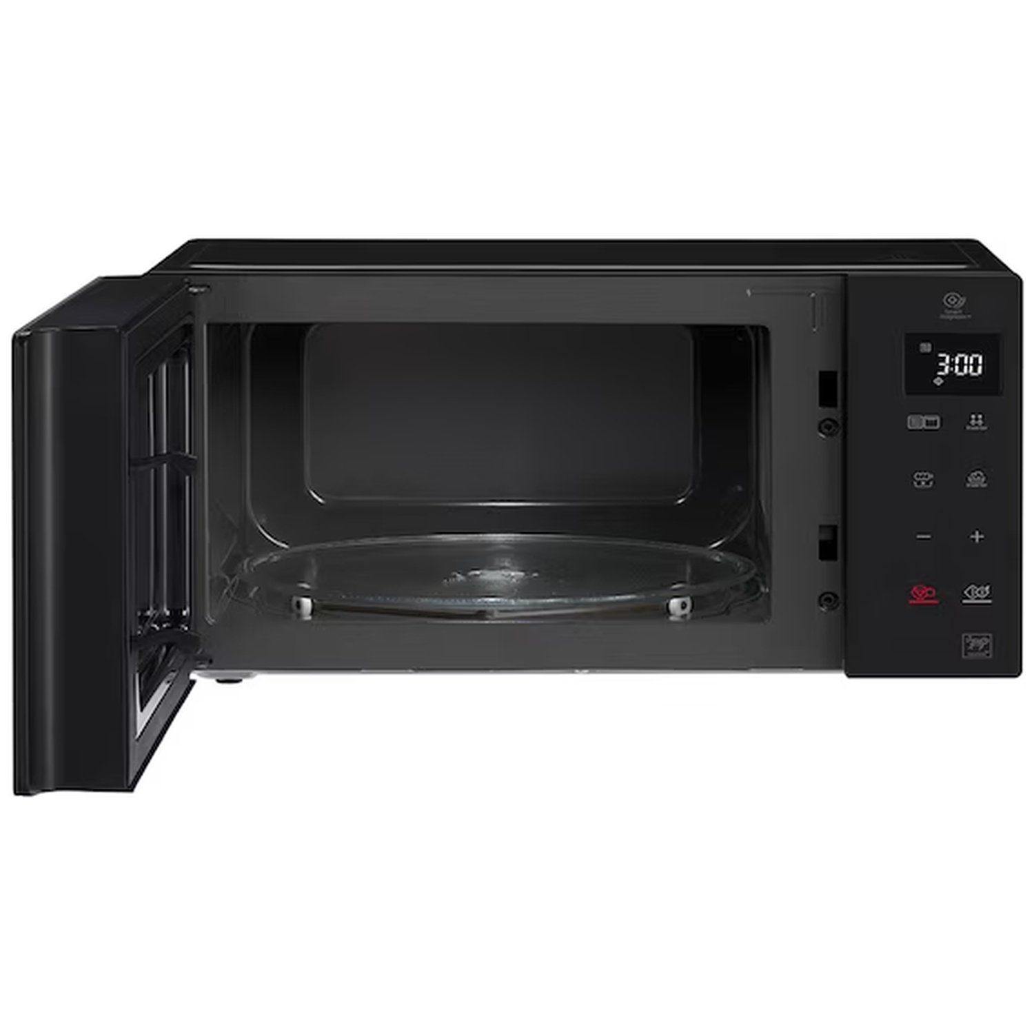 A black microwave with its door open, showing the turntable inside.