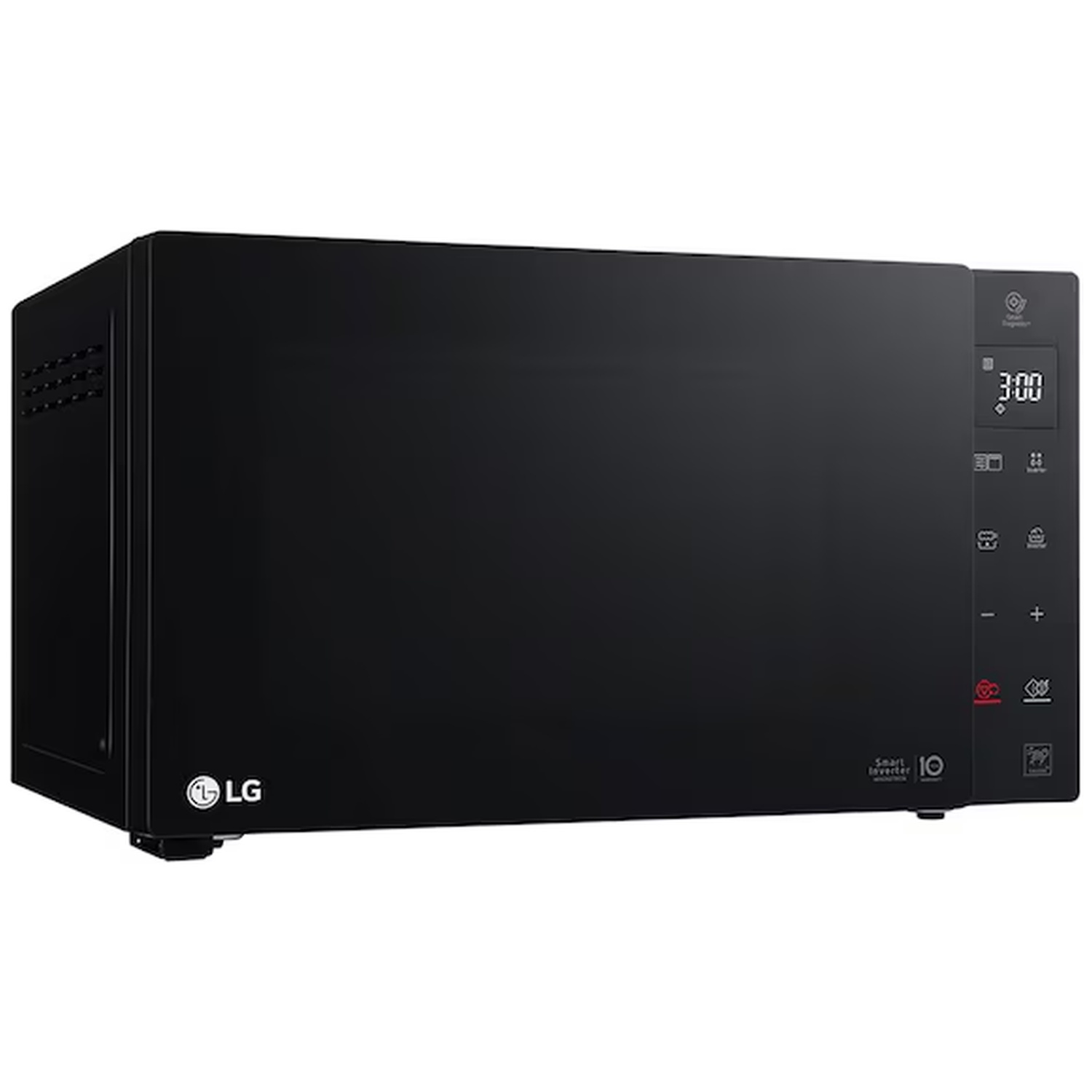Black LG microwave with digital display and control panel.