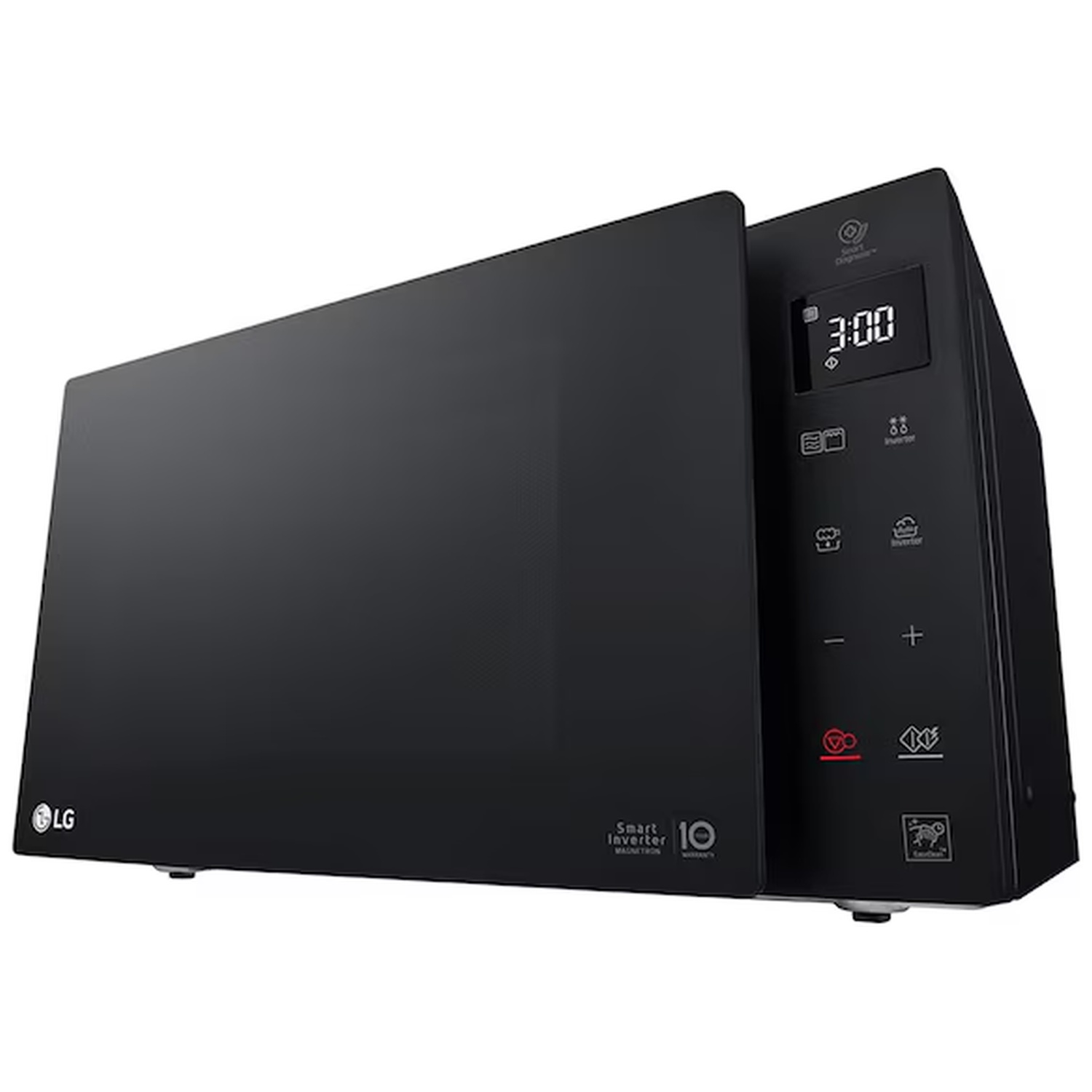A black LG microwave with a digital display and control panel.