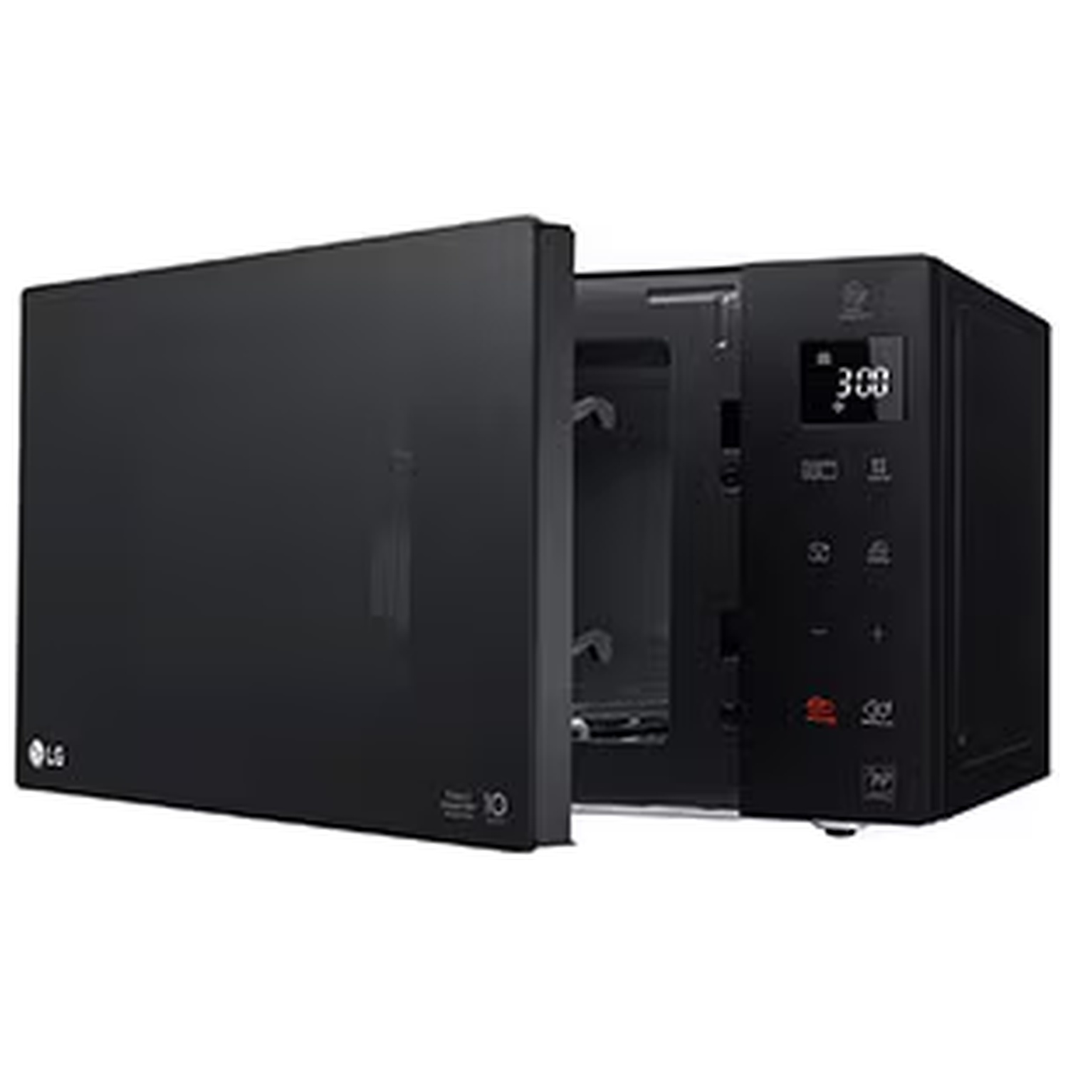 Black LG microwave oven, door open, with digital display.