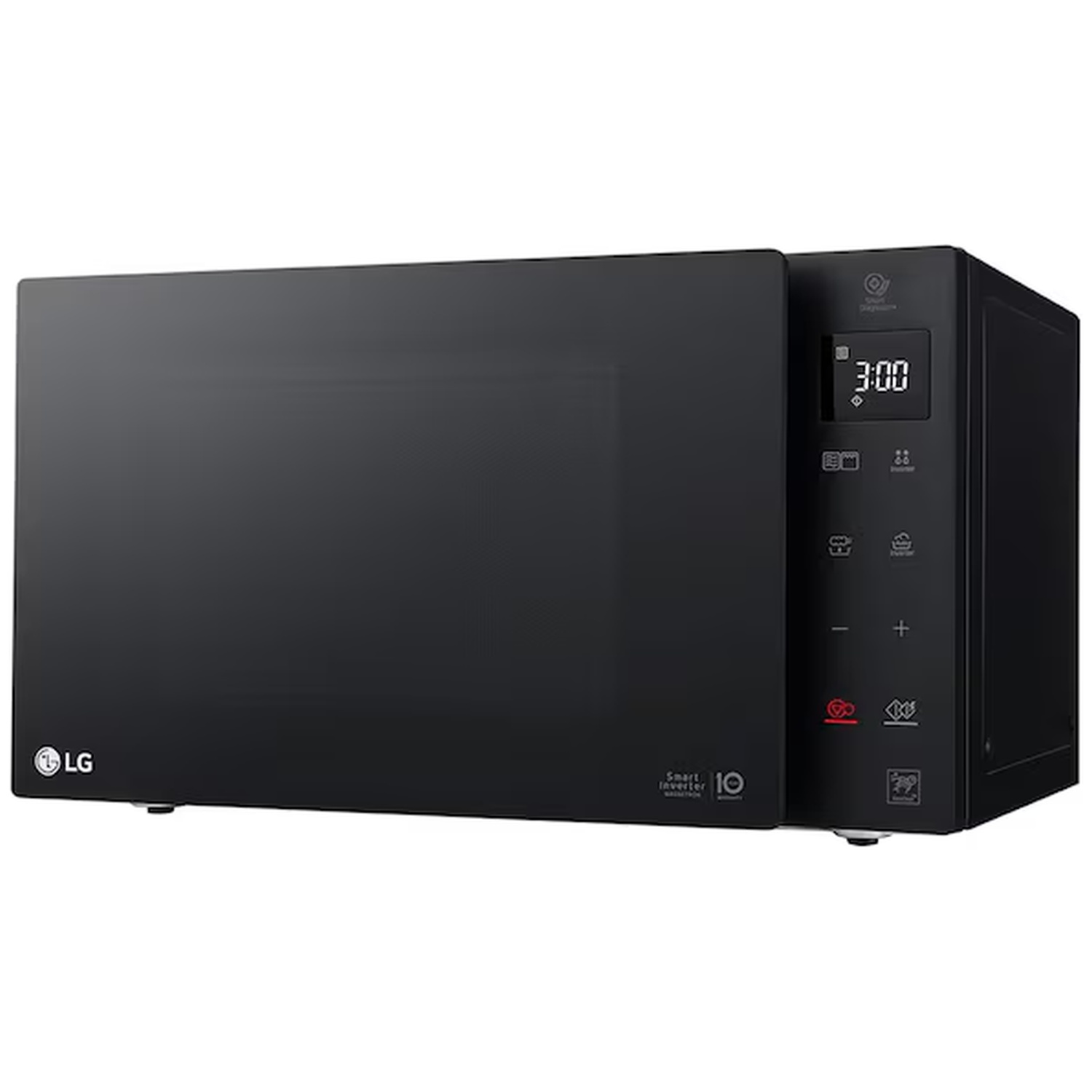 A black LG microwave with a digital display showing 3:00. Control panel visible.