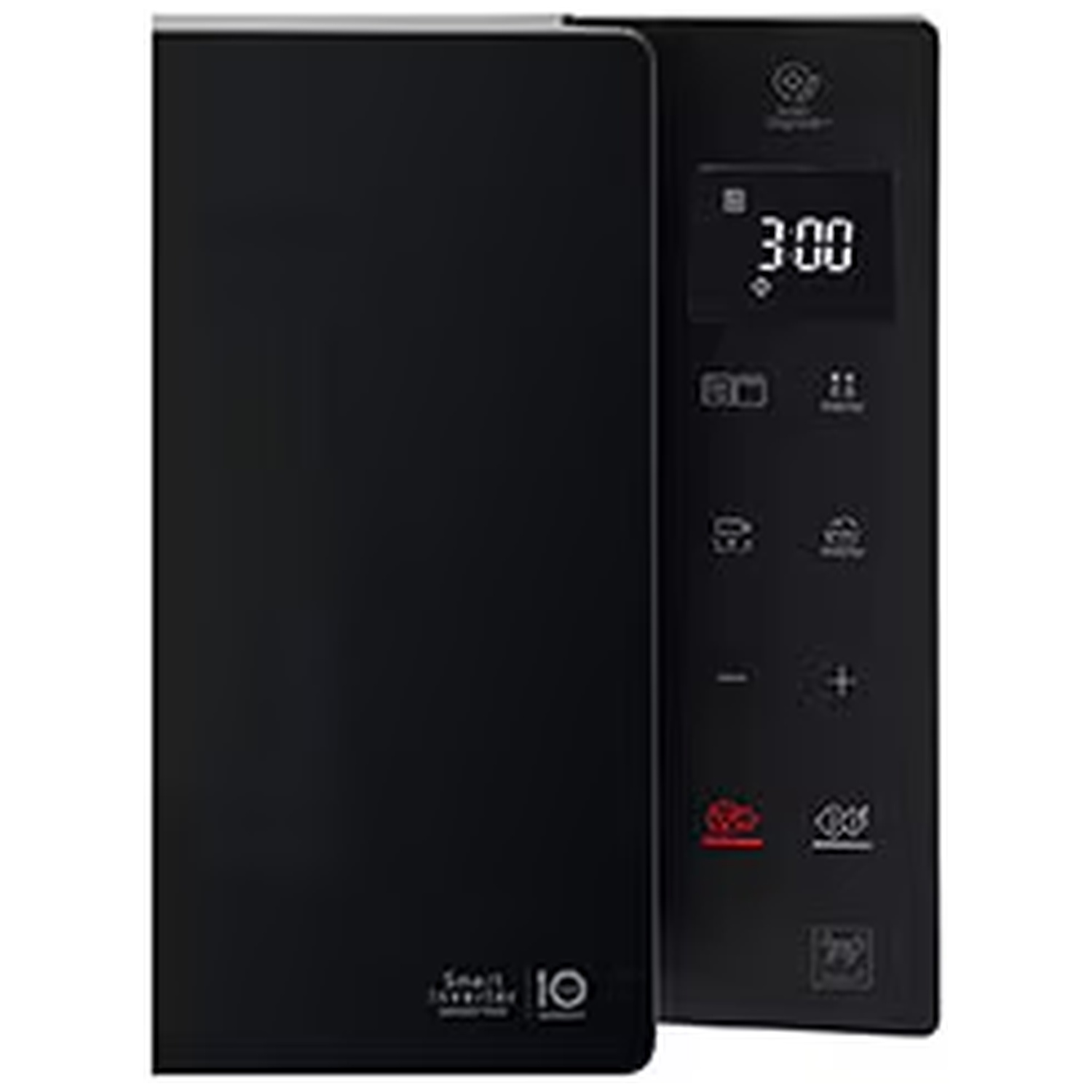 Black microwave with digital timer display 3:00 and buttons.