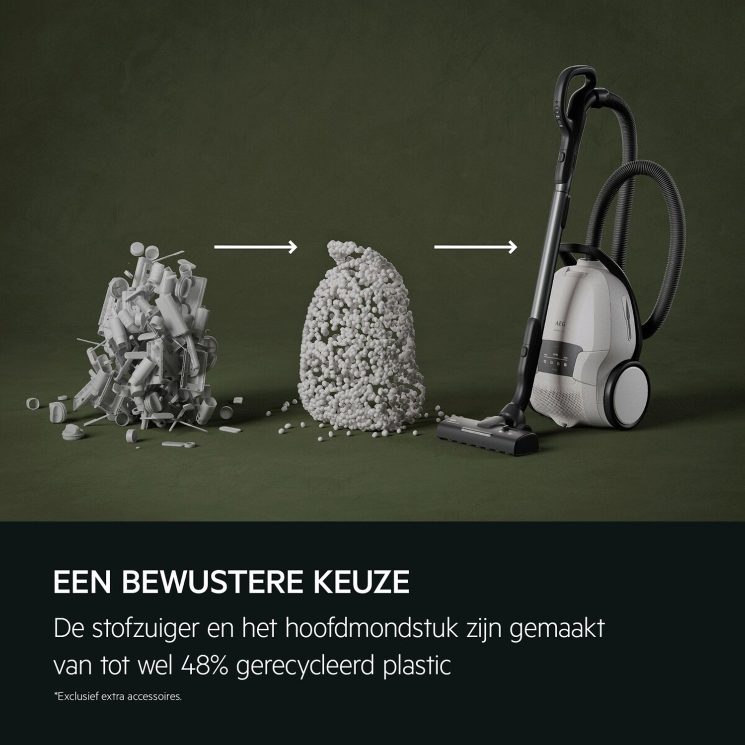 A vacuum cleaner made from recycled plastic, shown from left to right.