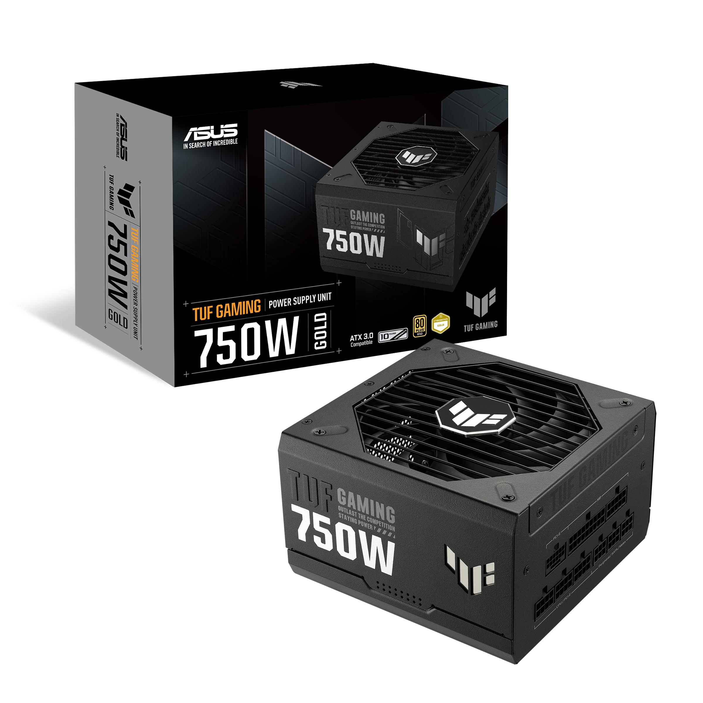 Schwarzes Netzteil mit 750W und Gold-Zertifizierung, daneben die Verpackung.