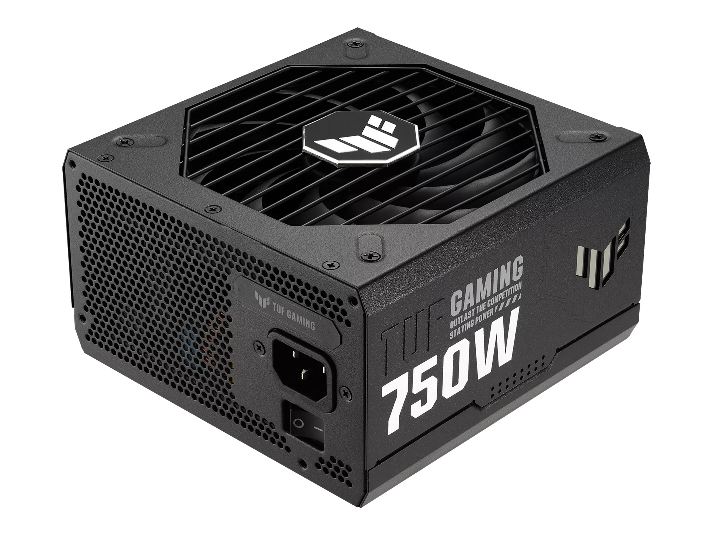 Schwarzer 750W Netzteil mit Lüfter und silbernem Logo auf der Oberseite.