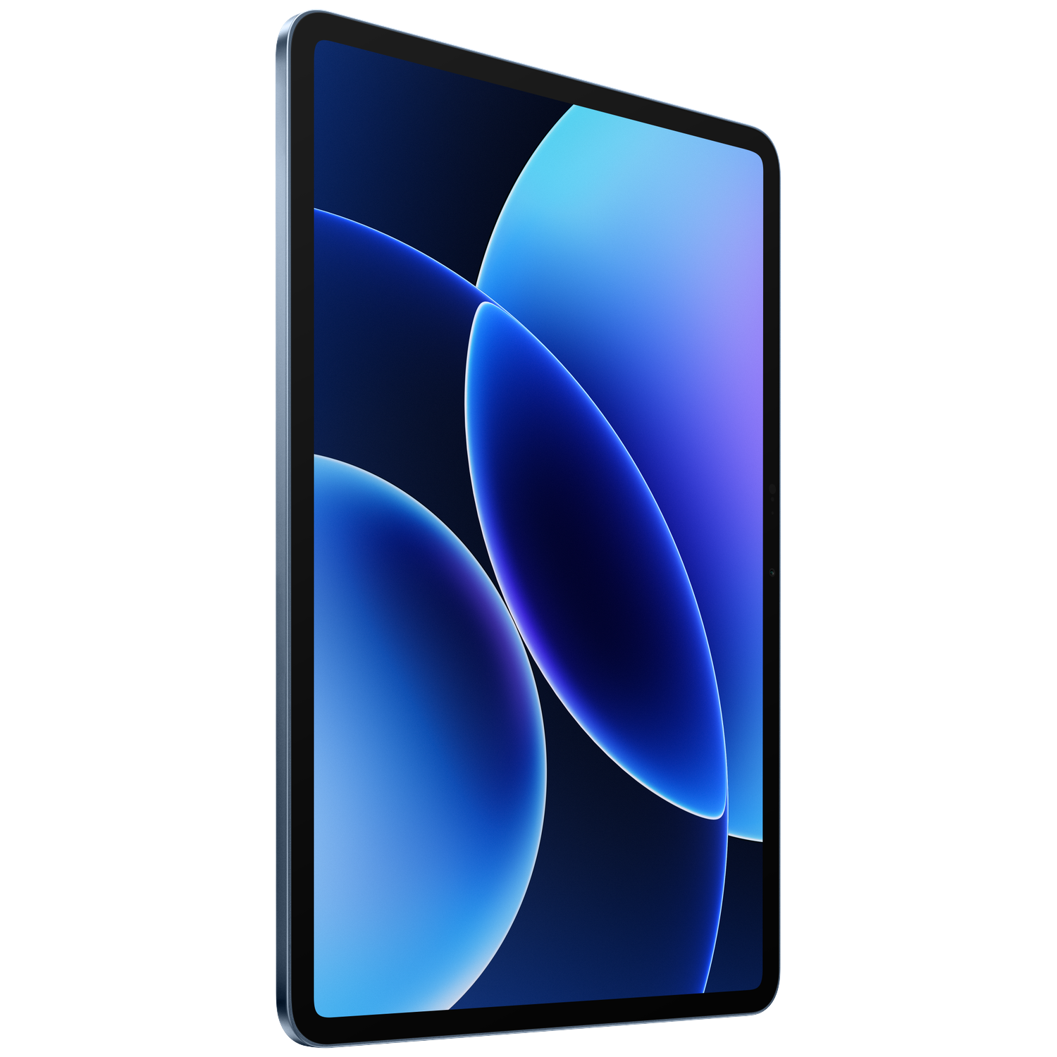 Een blauwe tablet met een abstracte blauwe en paarse achtergrond.