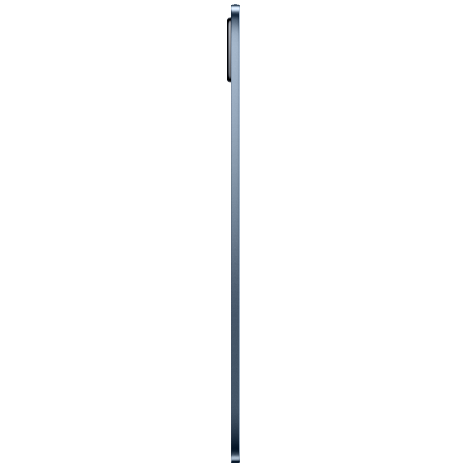 Een blauwe tablet van de zijkant getoond tegen een witte achtergrond.