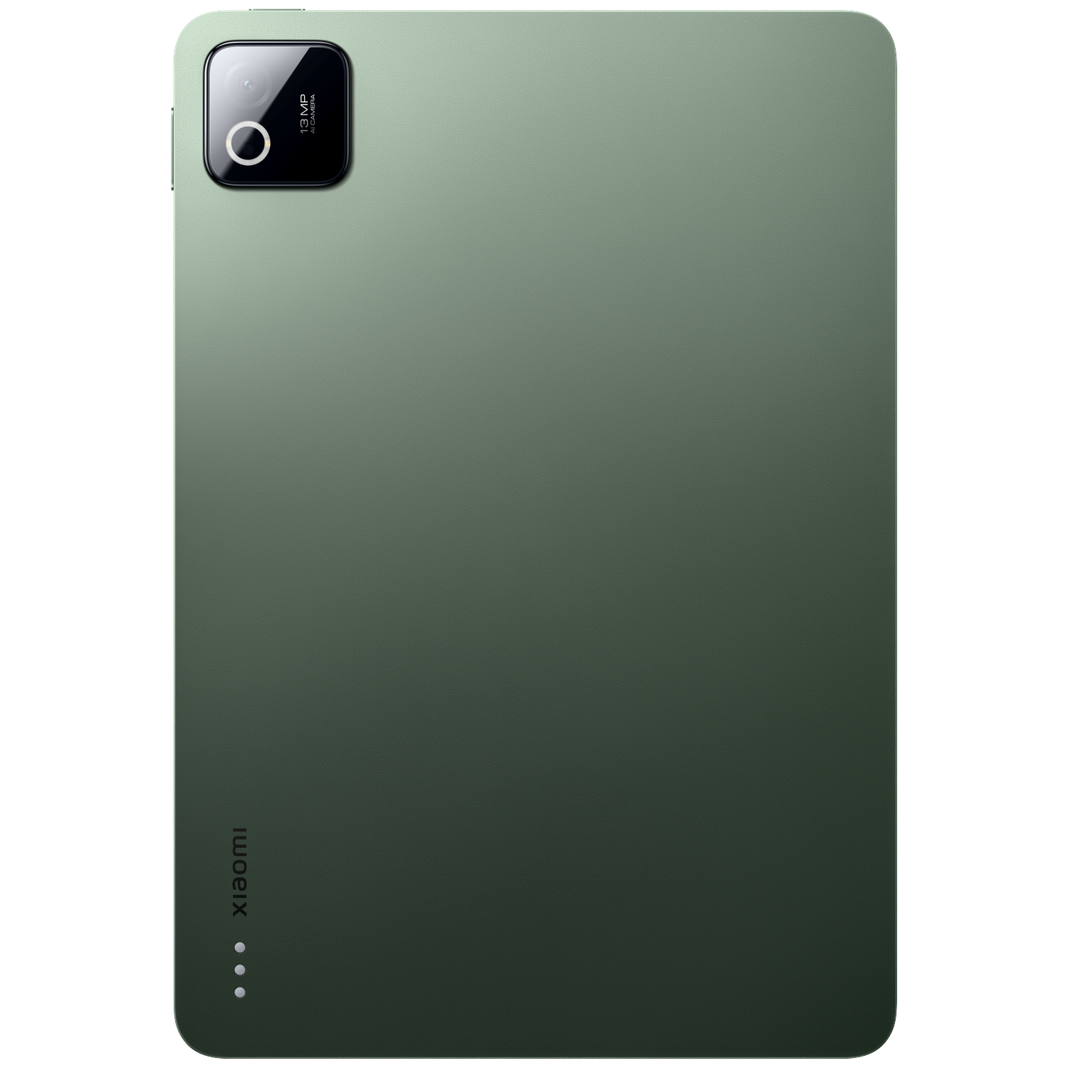 Achterkant van een groene tablet met 13 MP AI-camera en Xiaomi-logo.