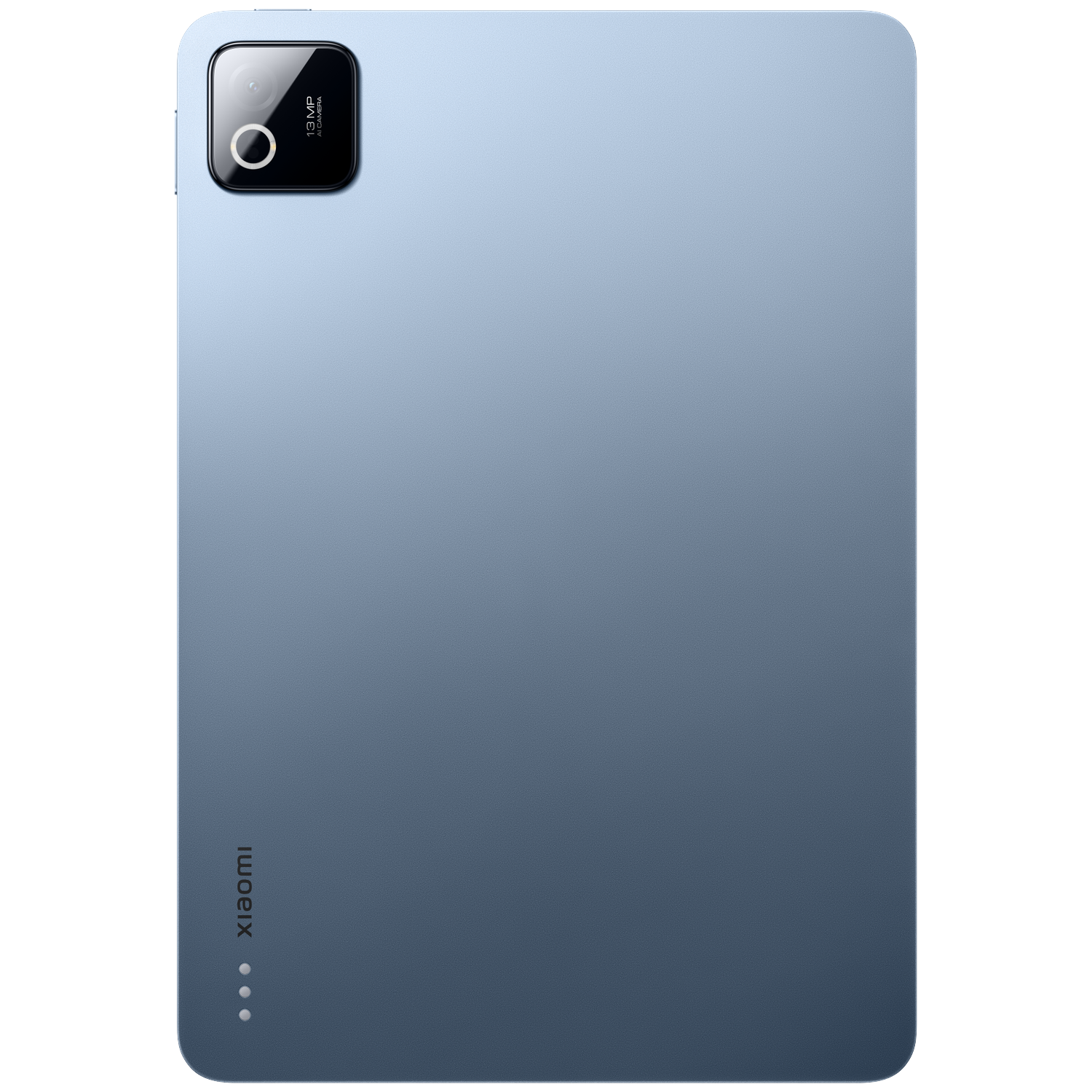Achterkant van een blauwe tablet met 13MP camera en Xiaomi logo.