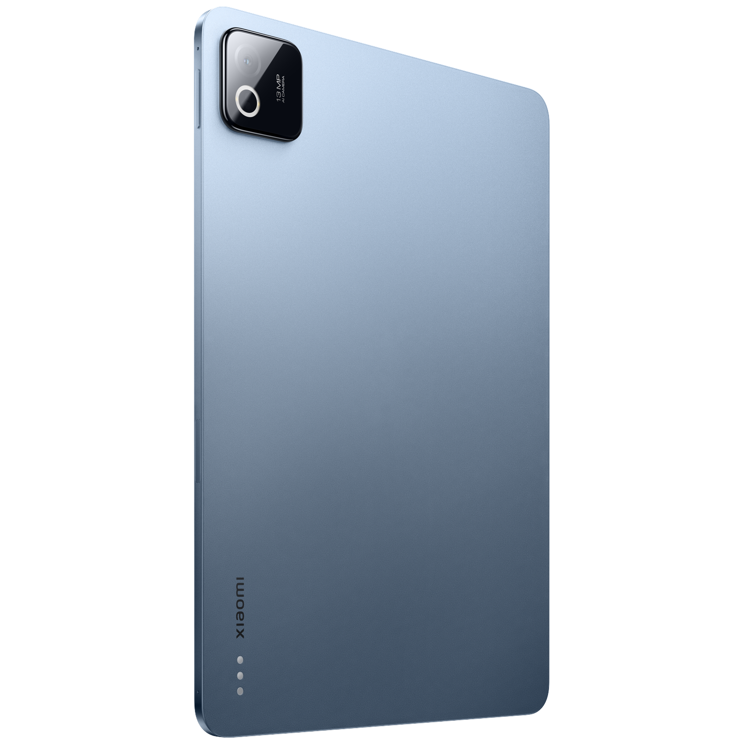 Een blauwe tablet met een 108MP camera aan de achterkant.