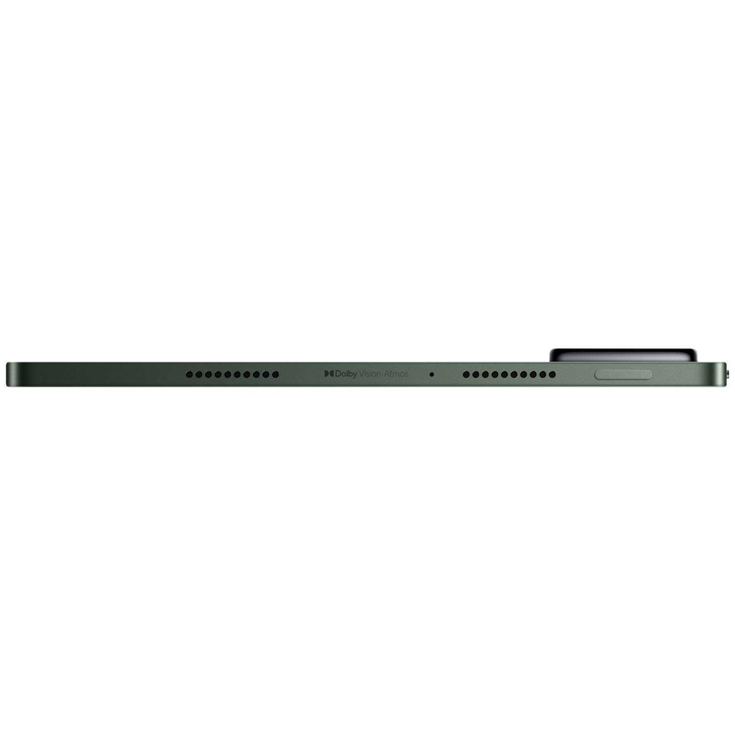 Donkergroen tablet met Dolby Vision Atmos-logo en luidsprekerperforaties.