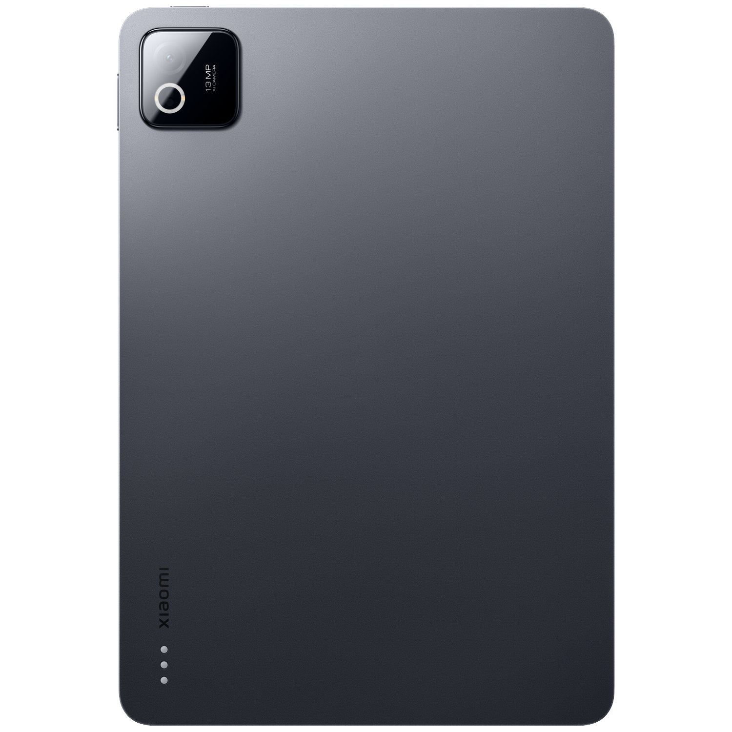 Achterkant van een grijze tablet met 13 MP camera en Xiaomi-logo.