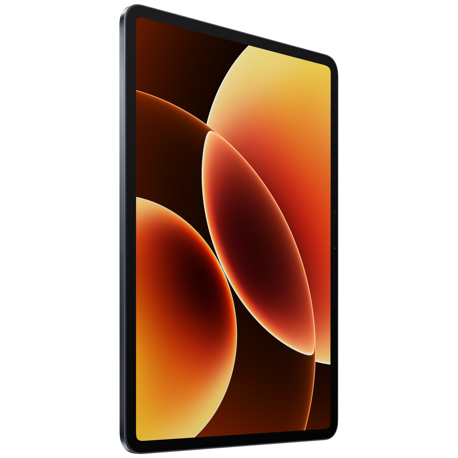 Een donkere tablet met een oranje en geel abstracte achtergrond. Minimalistisch.