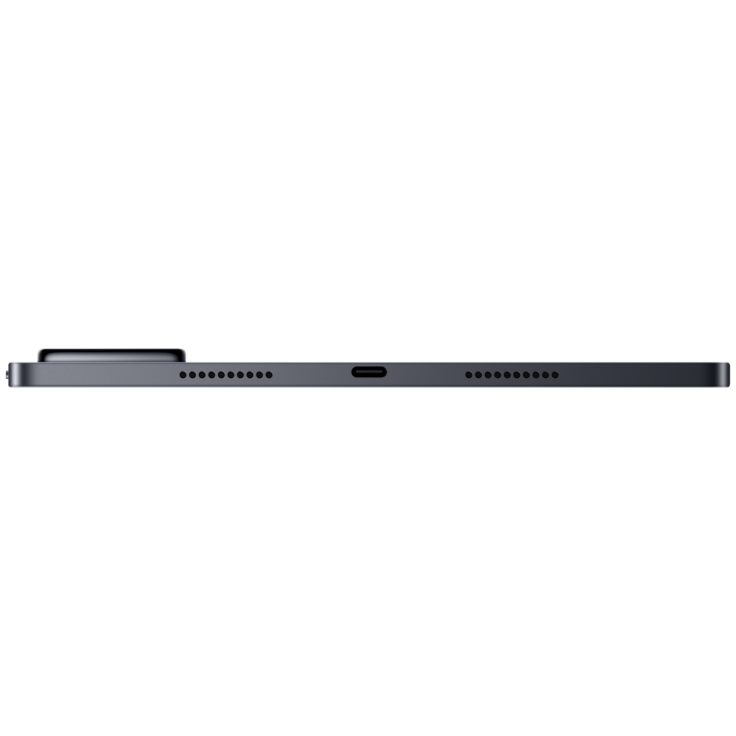 Bovenaanzicht van een donkere tablet met USB-C-poort en luidsprekerroosters.
