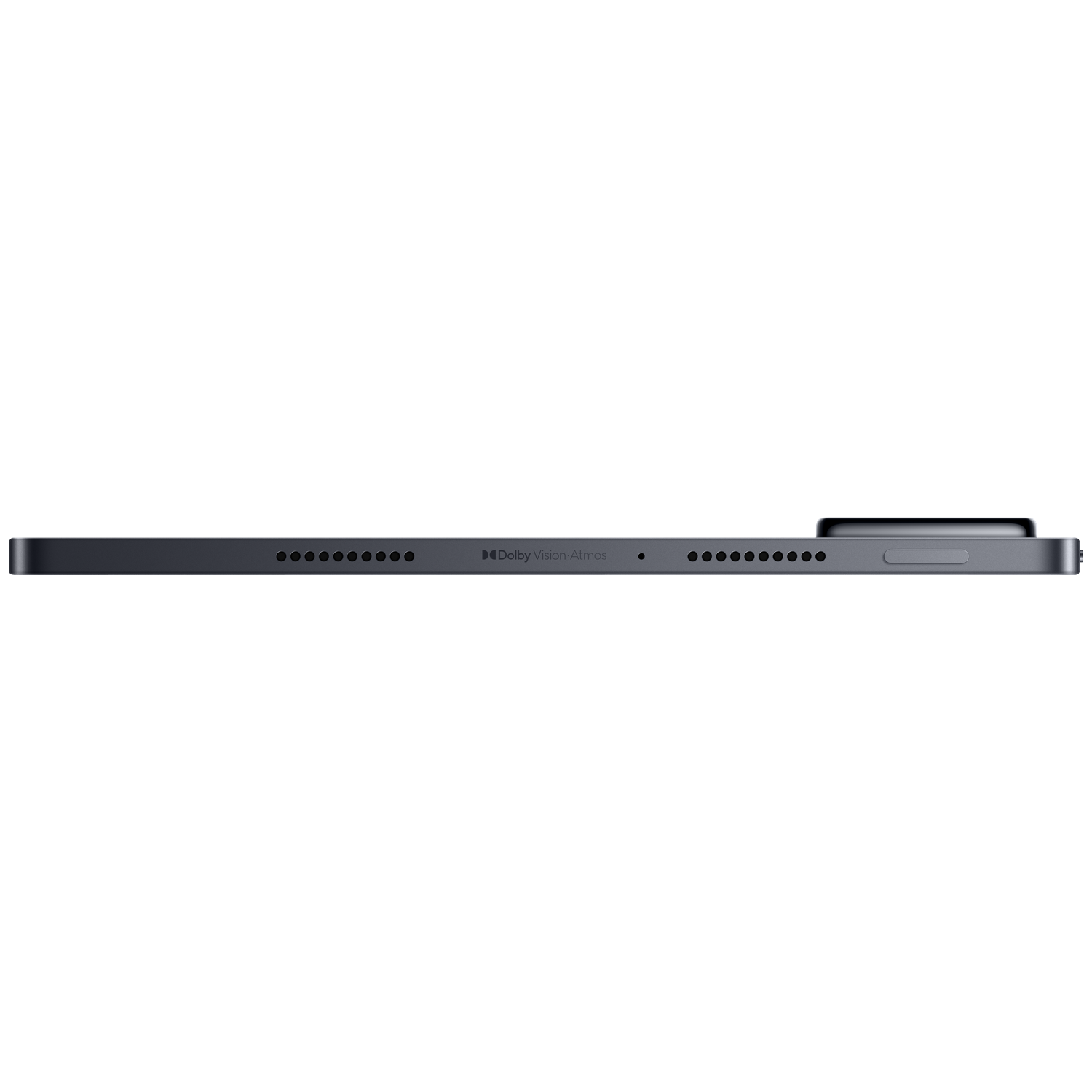 Grijze tablet met Dolby Vision Atmos logo en luidsprekerperforaties.