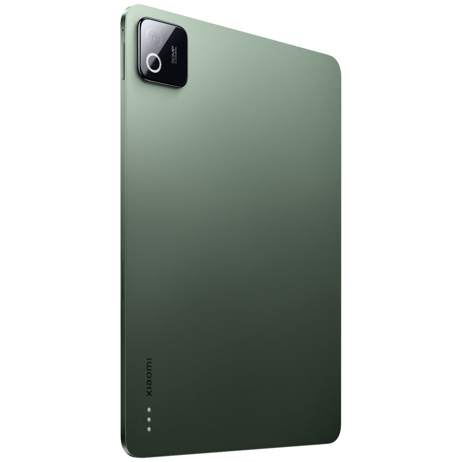 Achterkant van een groene tablet met cameramodule en Xiaomi-logo.