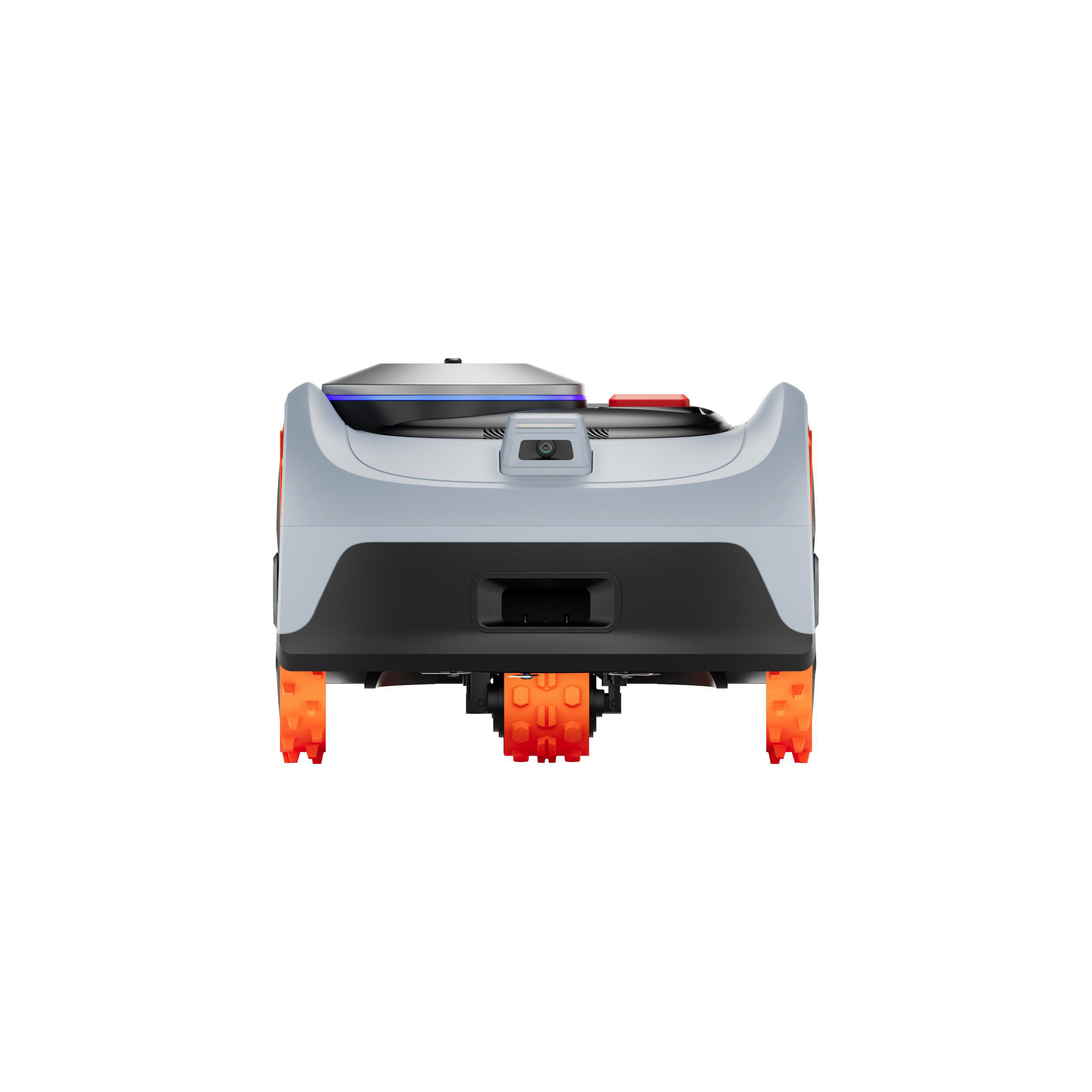 Ein grauer Rasenmähroboter mit orangenen Rädern und einer Kamera vorne.
