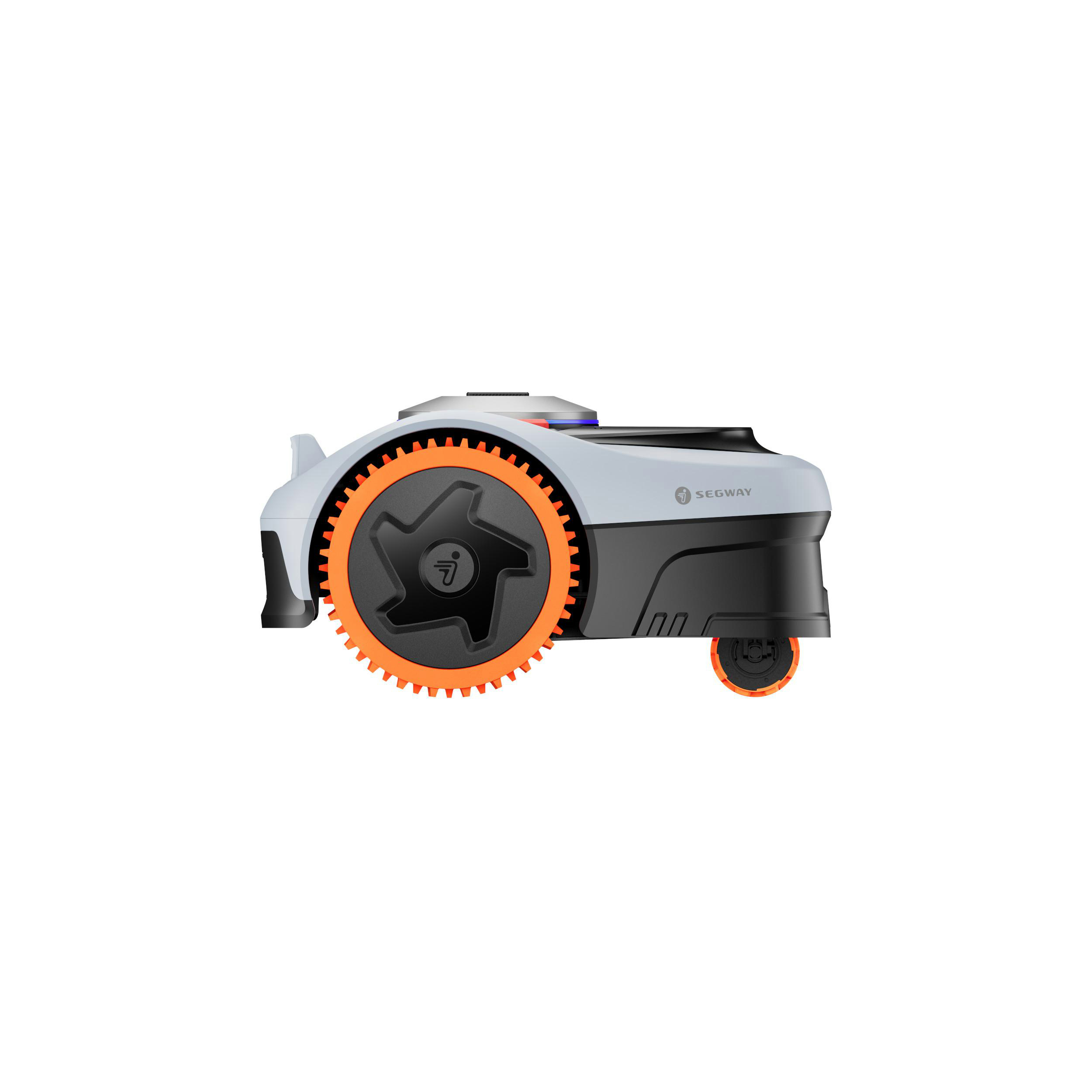 Ein weißer Mähroboter mit großen orangefarbenen Rädern und einem schwarzen Gehäuse.