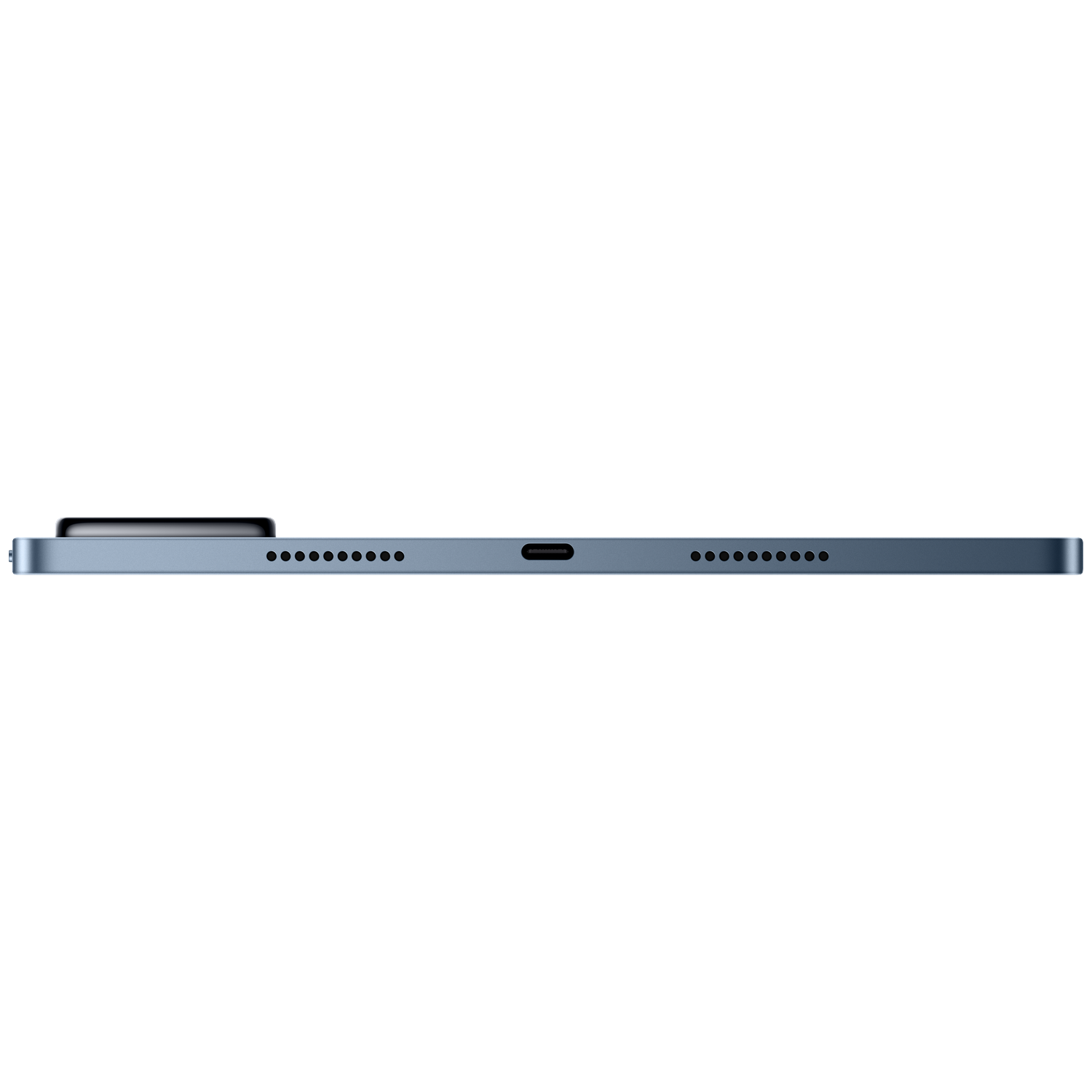 Zijaanzicht van een blauwe tablet met luidsprekers en een USB-C-poort.
