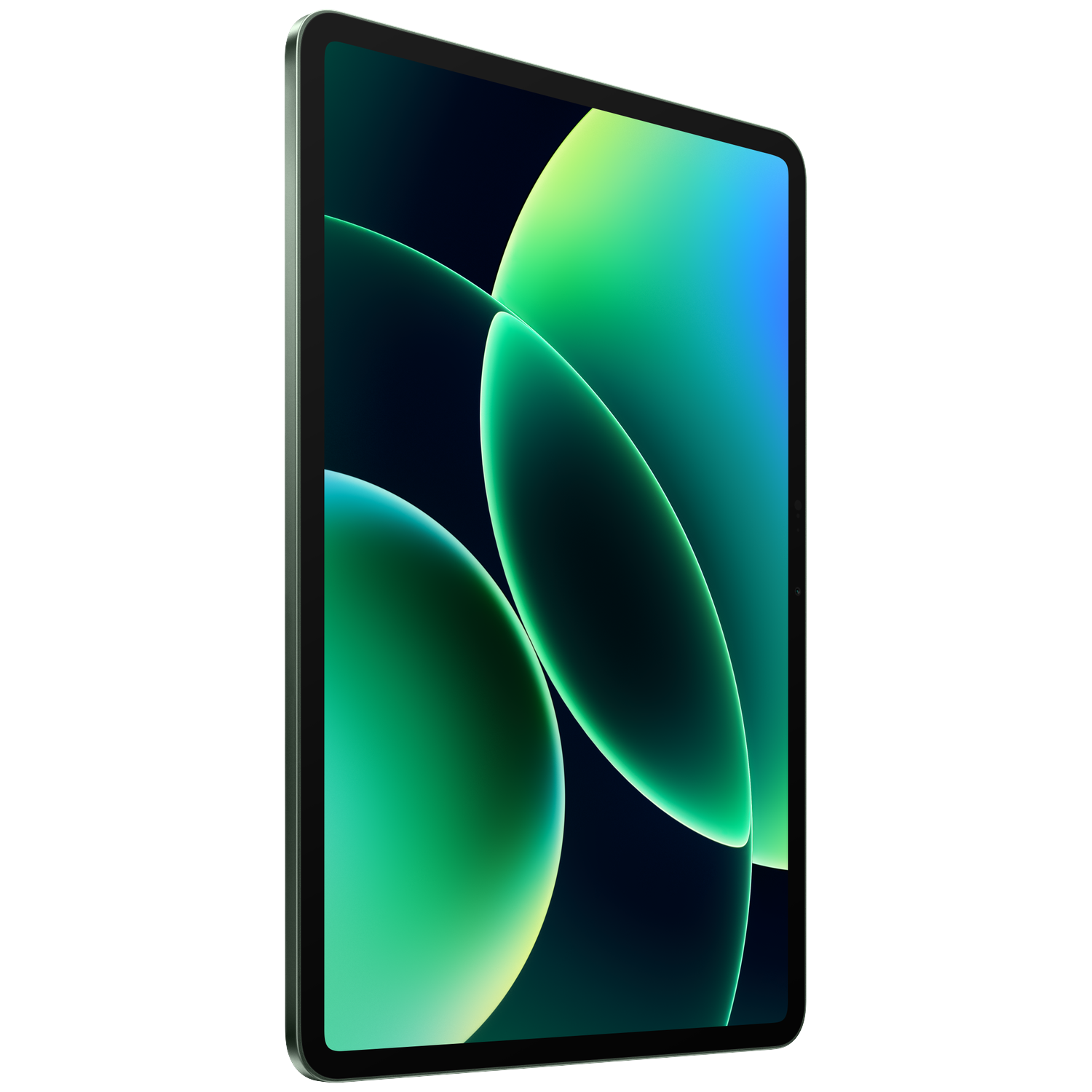 Een groene tablet met gebogen groene lijnen op een donkere achtergrond.