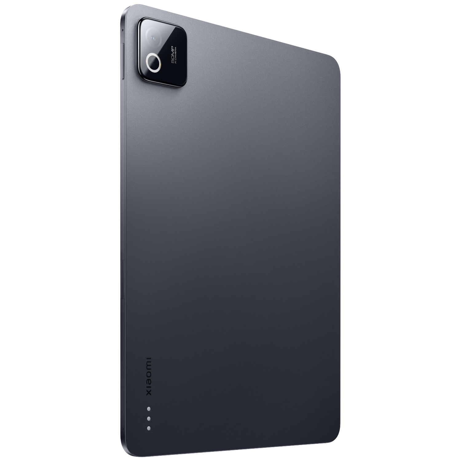 Gray Xiaomi tablet with 50MP camera, on a black background.