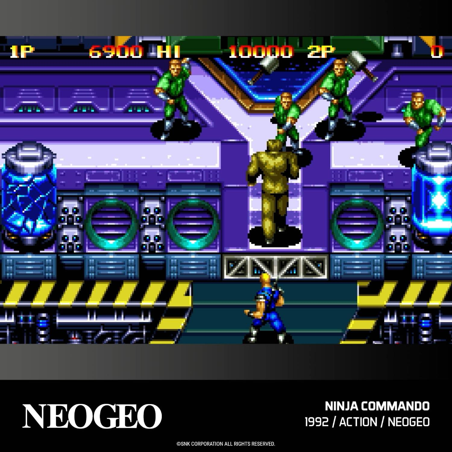Un juego de lucha ninja en pantalla. Varios ninjas verdes atacan.