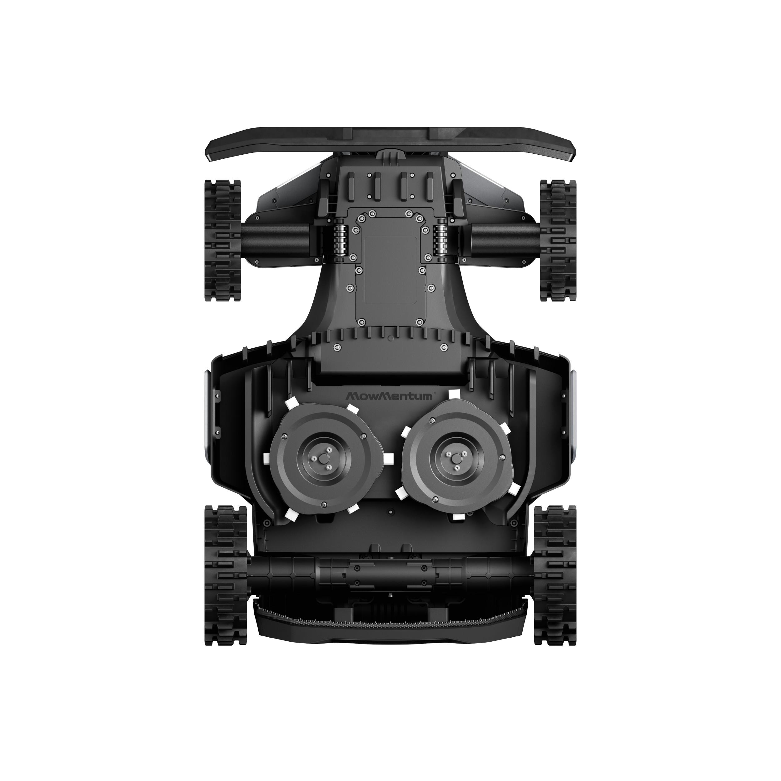 Ein schwarzer Roboter-Rasenmäher von oben, mit zwei rotierenden Schneidscheiben.