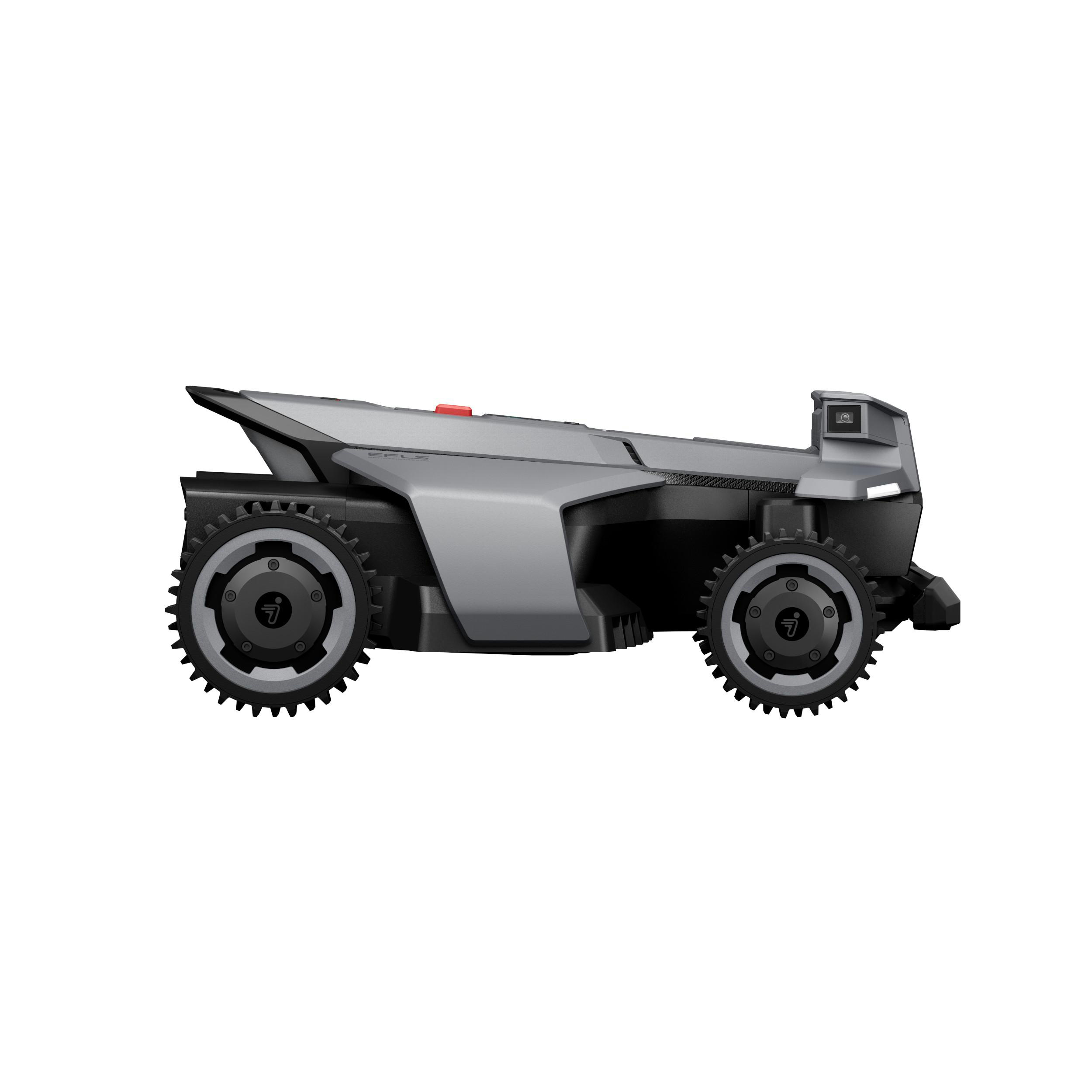 Ein grauer Rasenmähroboter mit schwarzen Rädern und einer roten Taste.