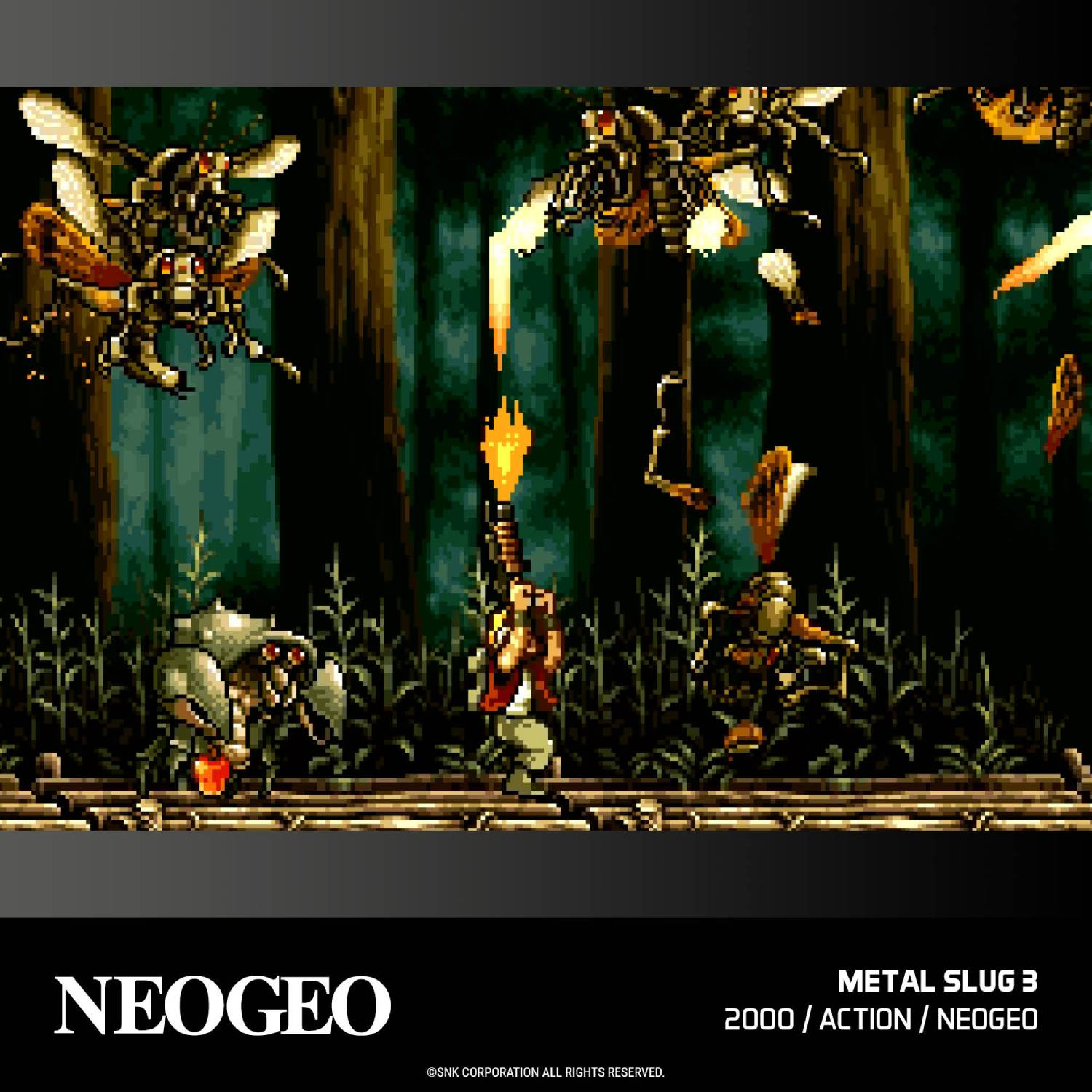 Escena pixel art: Soldados luchan contra insectos gigantes en un bosque oscuro.