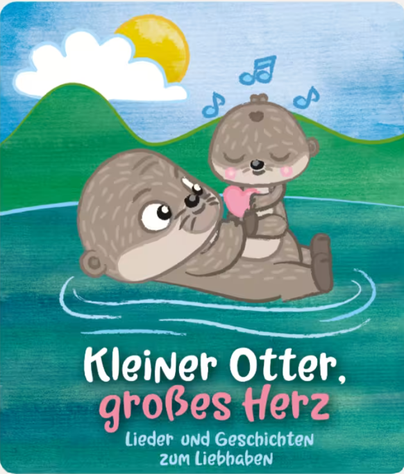 Zwei niedliche Otter im Wasser, einer hält ein Herz. Sonnenschein und Berge im Hintergrund.