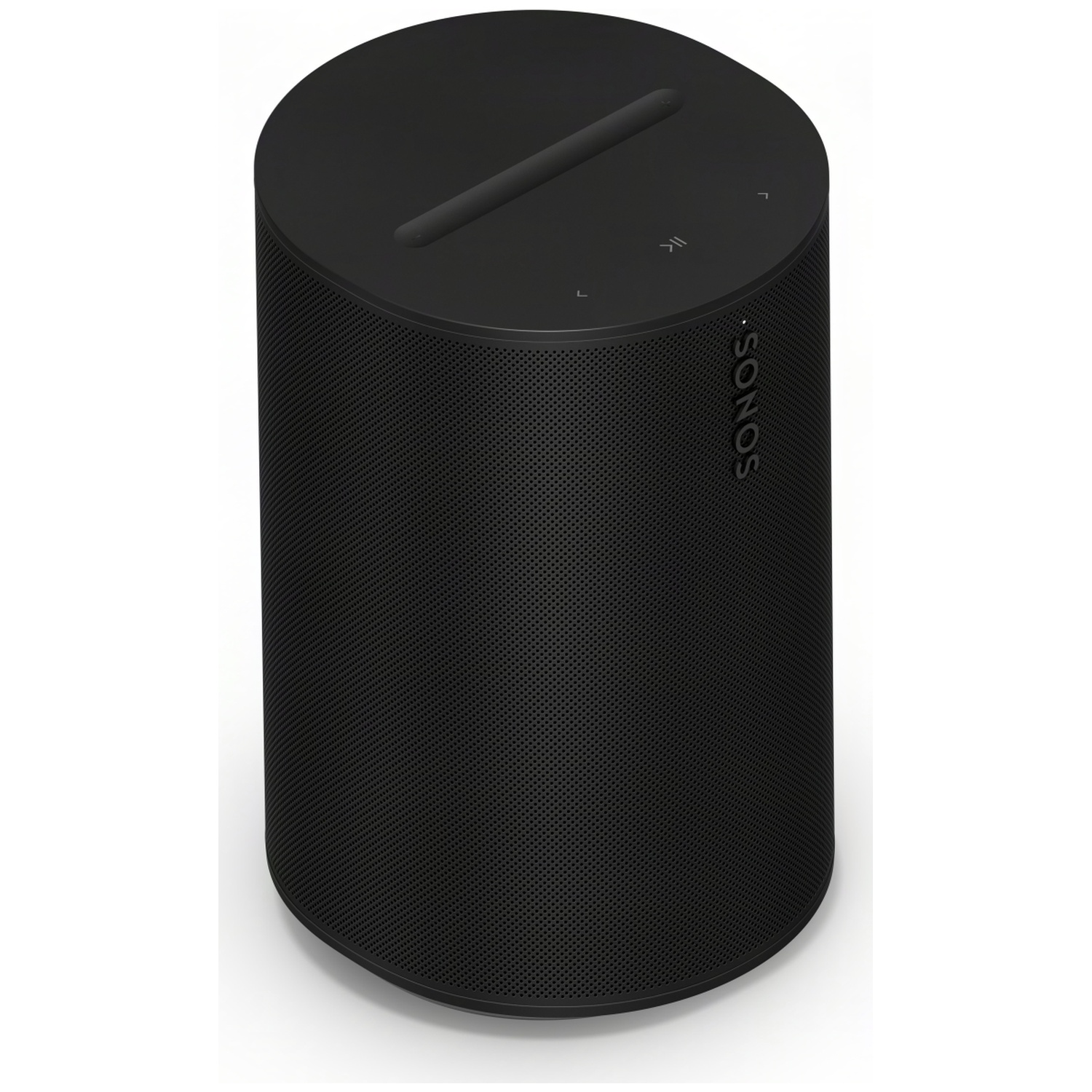Black cylindrical speaker with perforated grille and top controls. Sonos logo visible.