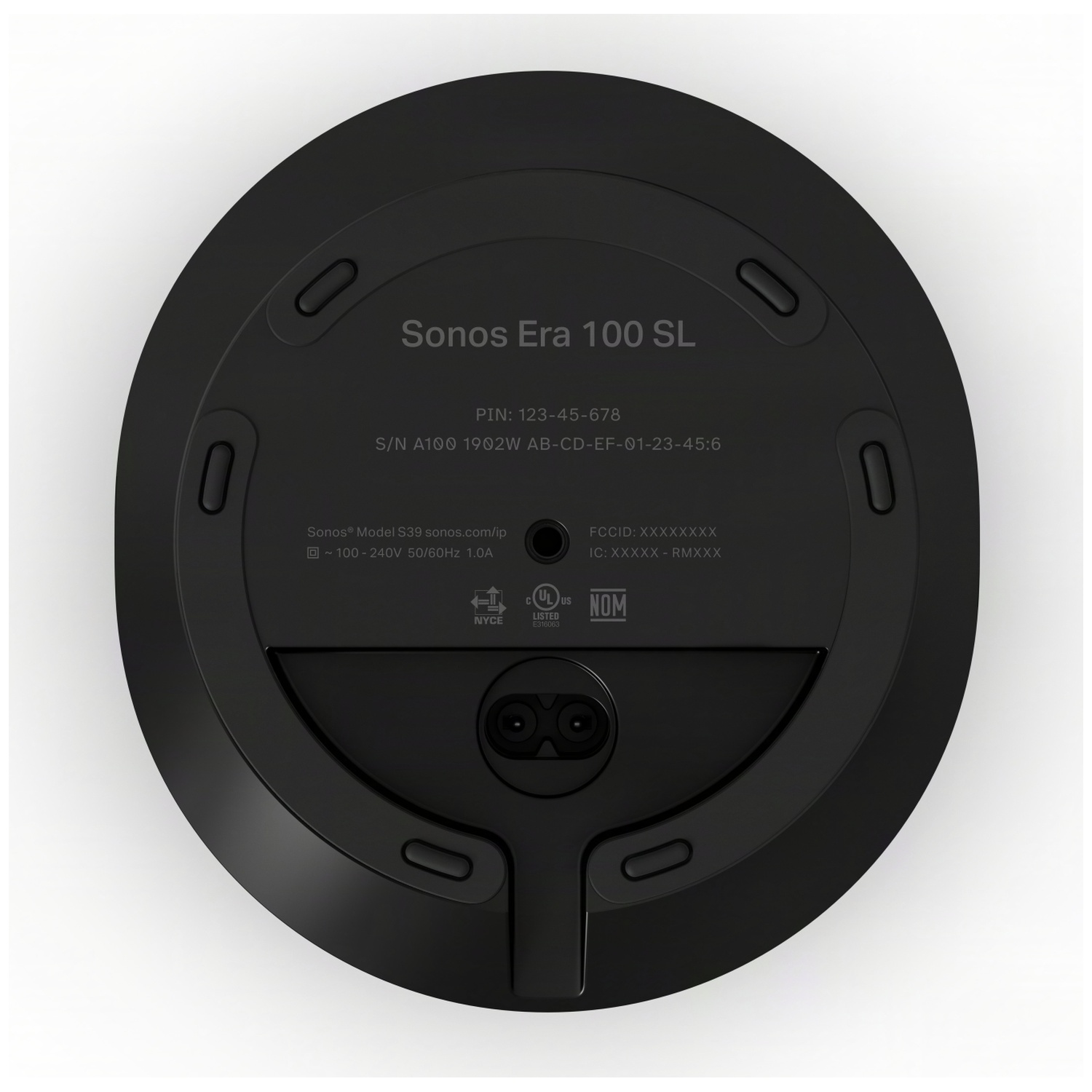 Underside of a black Sonos Era 100 SL speaker, showing model and PIN details.