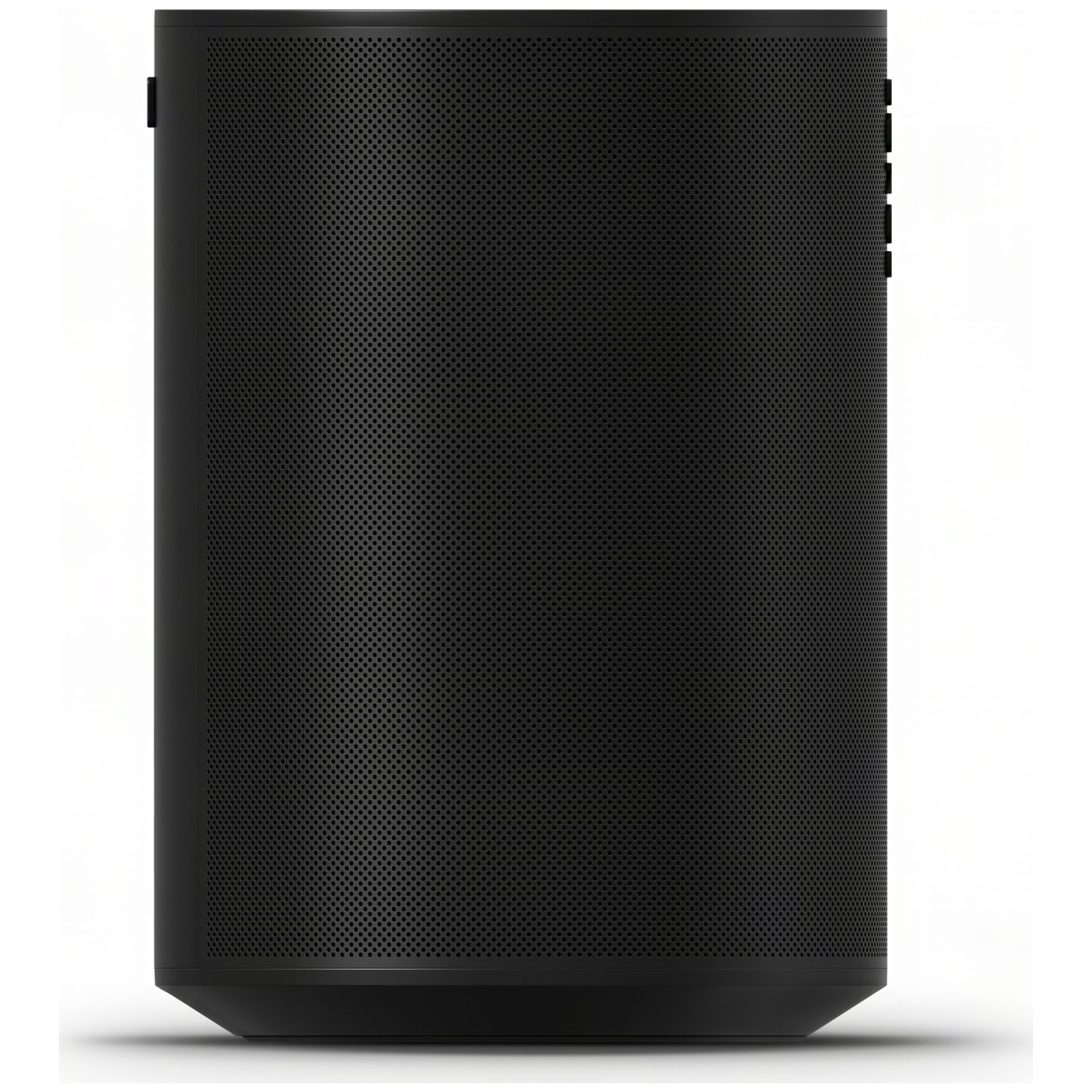 A black, cylindrical speaker with a perforated surface and side controls.