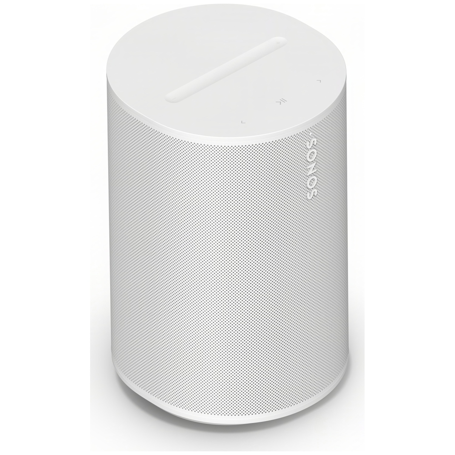 Witte cilindrische luidspreker met geperforeerd rooster en touch-bediening.