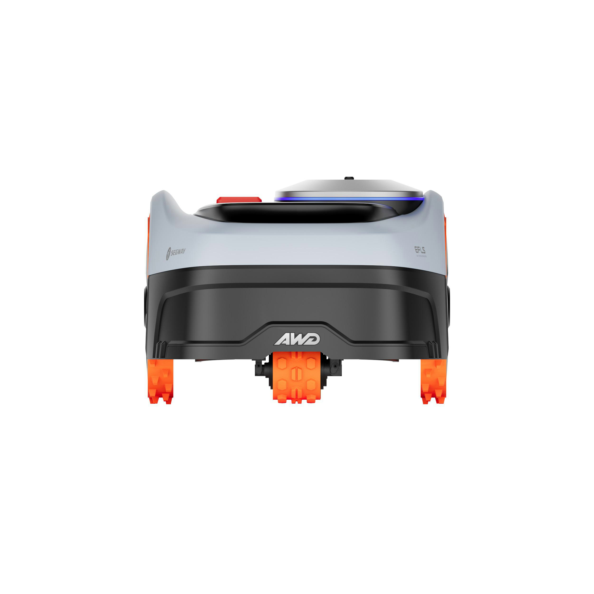 Ein weißer und grauer Rasenmähroboter mit orangefarbenen Rädern und blauen Lichtern.