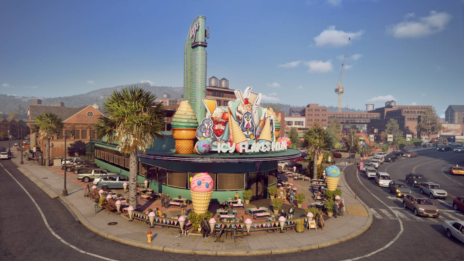 Una heladería con decoraciones gigantes de helado y zonas de asientos al aire libre.