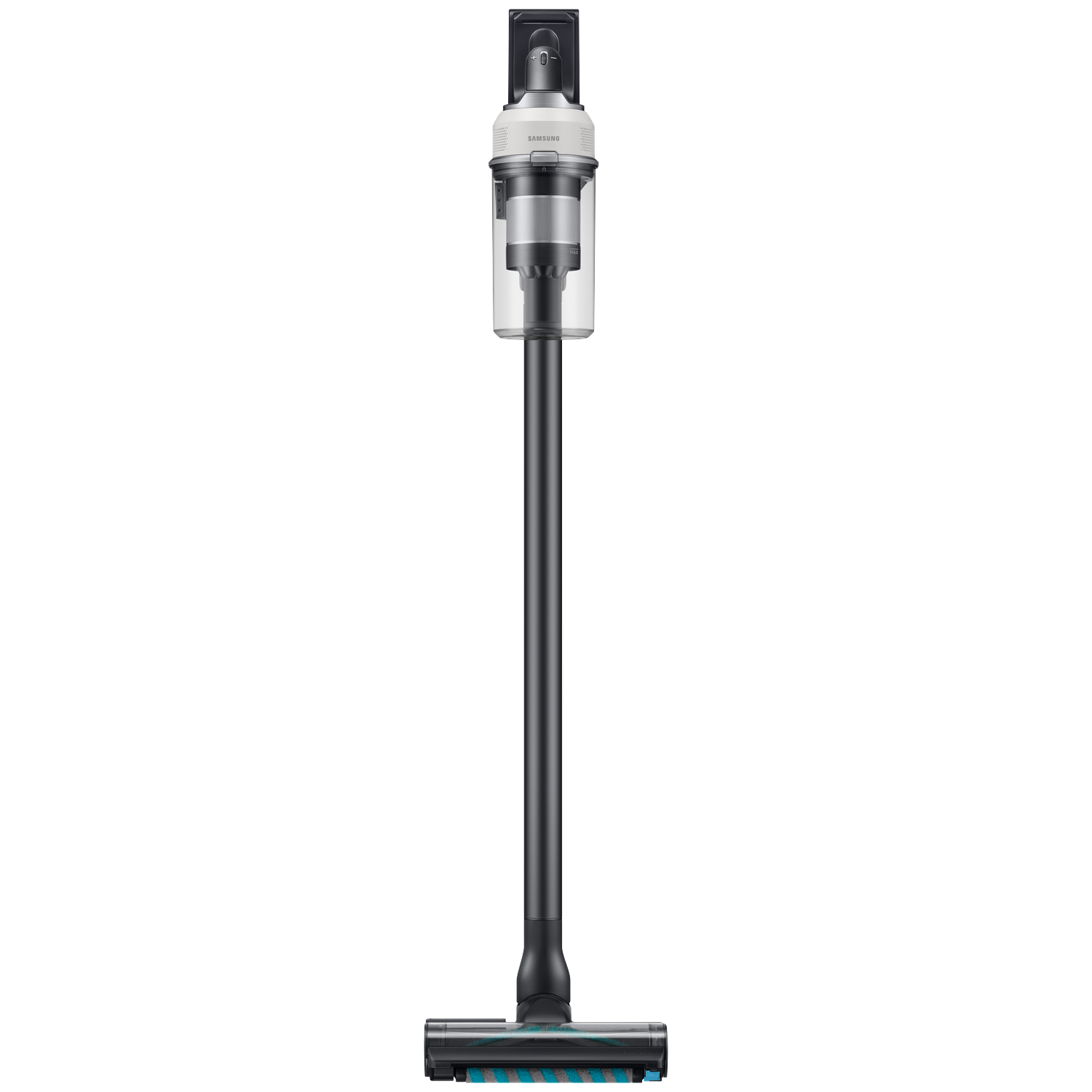 A sleek, cordless vacuum cleaner with a white handle and clear dustbin.