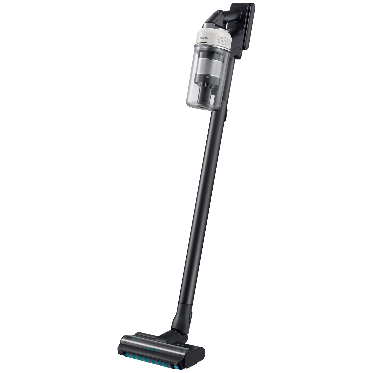 A black Samsung cordless vacuum cleaner with a blue brush head stands on a white background.