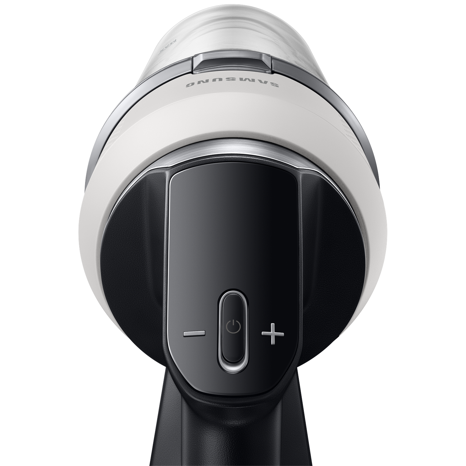 Close-up of a white and black Samsung vacuum cleaner handle with controls.