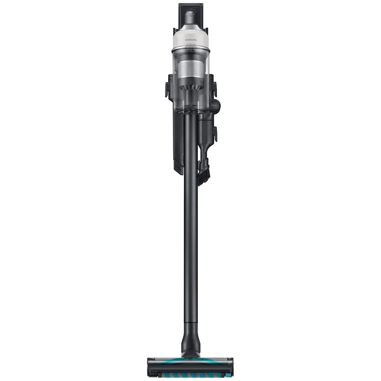 A sleek, black and white Samsung cordless vacuum cleaner with a brush head.