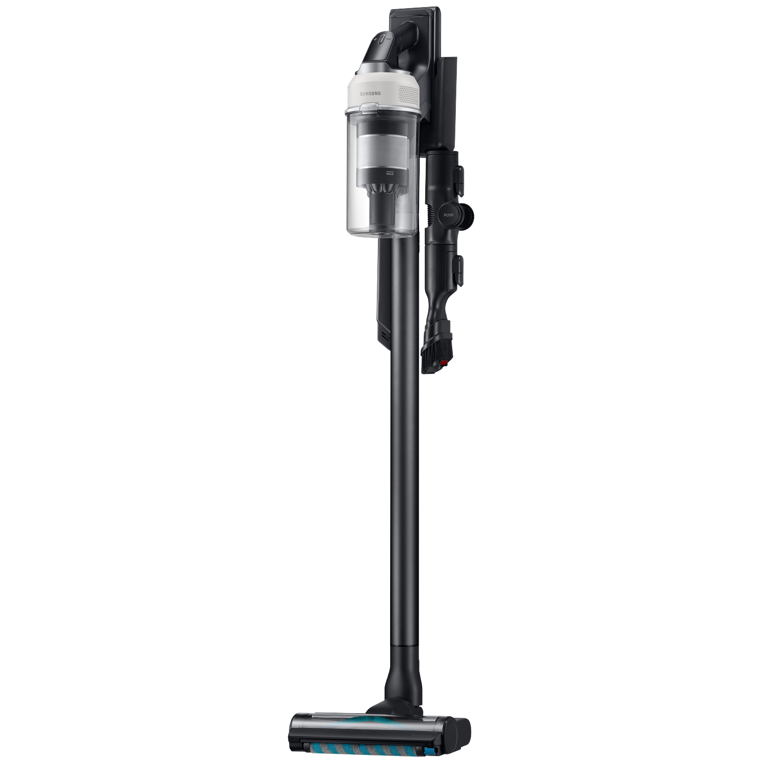 A black Samsung vacuum cleaner with a white canister and blue brush head.