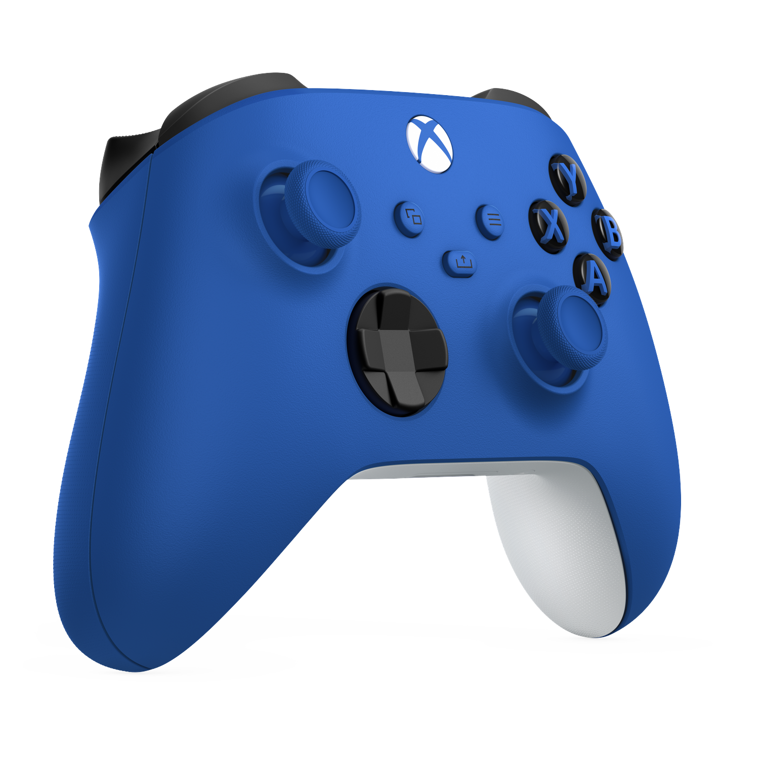 A blue Xbox controller with black and white accents, set against a black background.