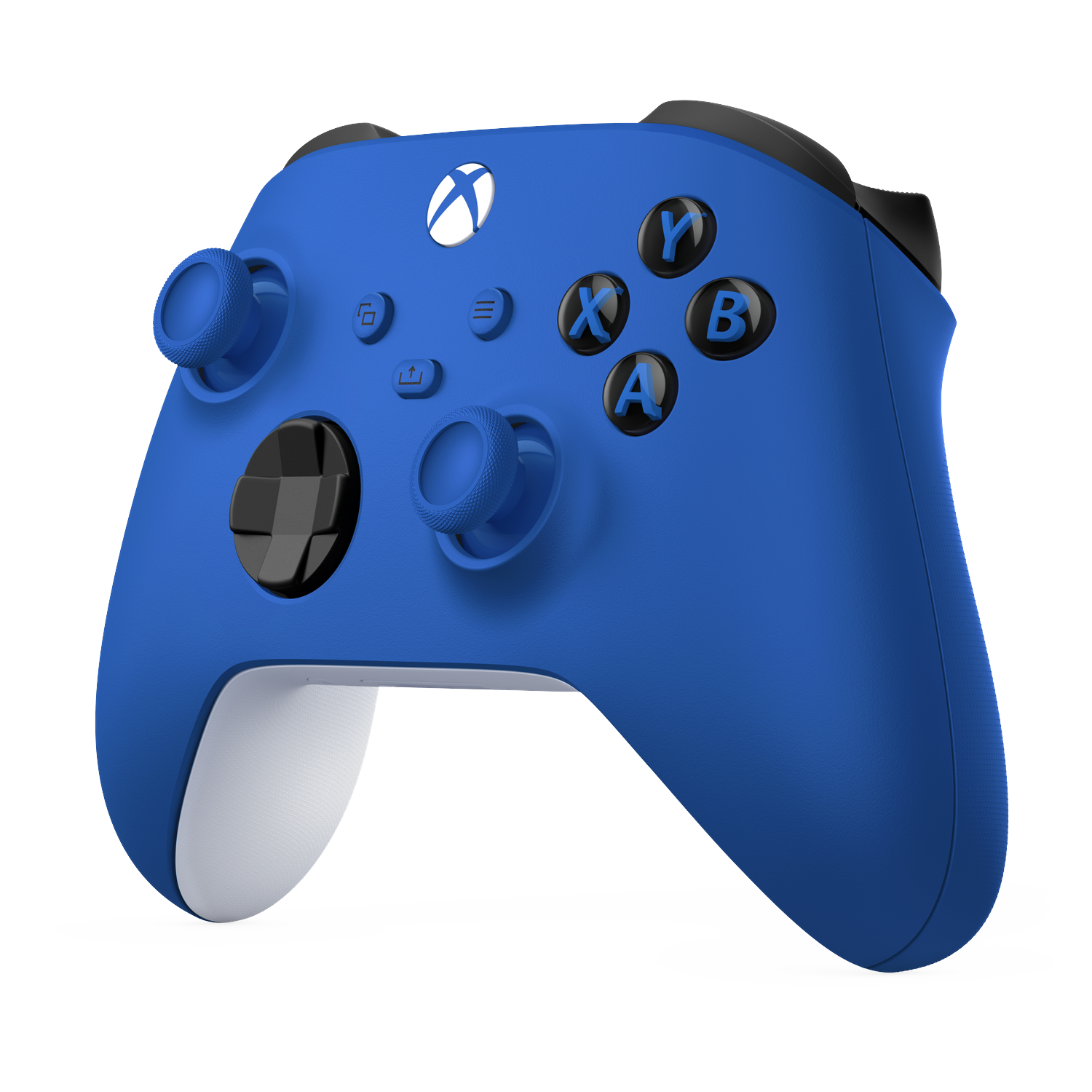 A blue Xbox controller with white and black accents on a black background.