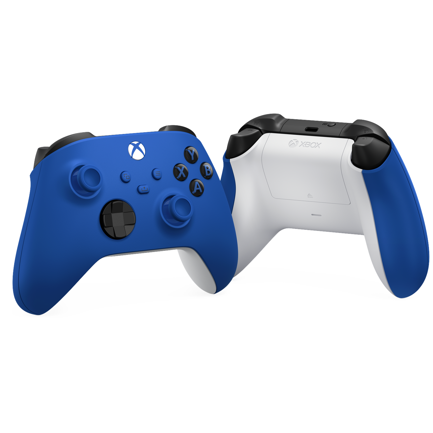 Two blue and white Xbox controllers side by side on a black background.