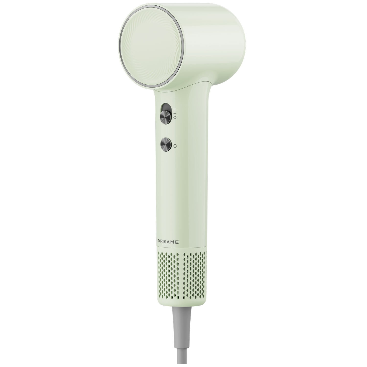 A light green hairdryer with silver controls and a perforated grille.