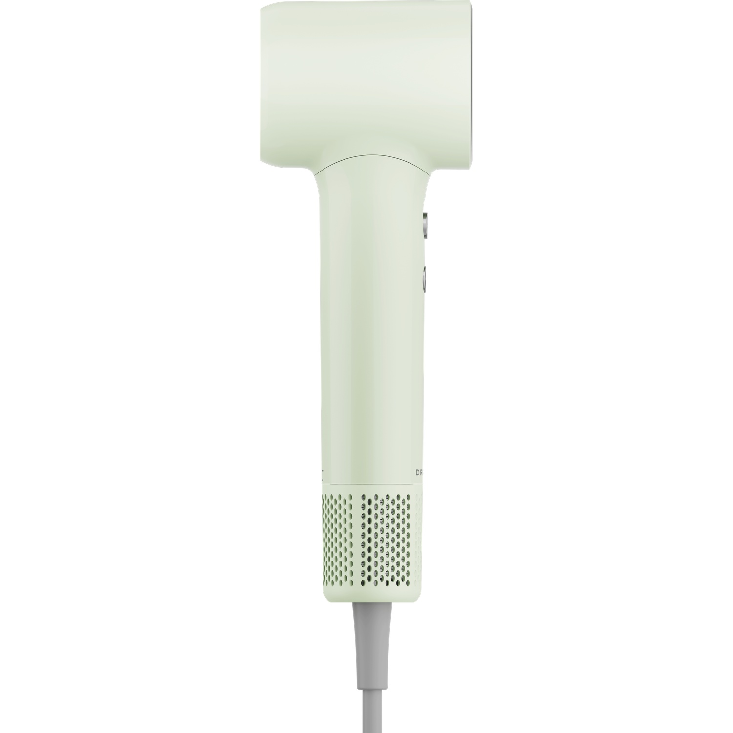 A light green hairdryer with a grey cord, on a white background.