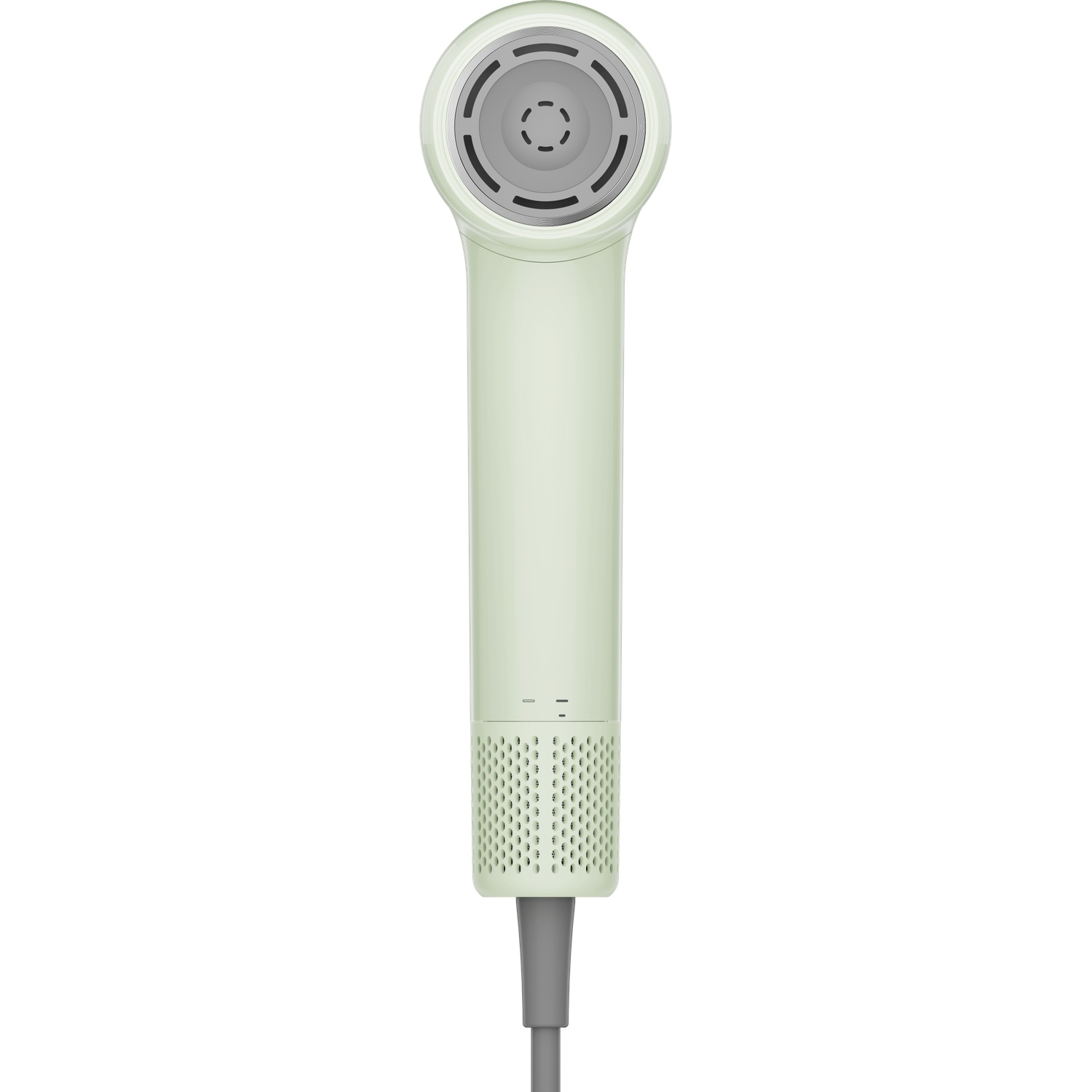 A light green shower handset with gray accents and a perforated grip.