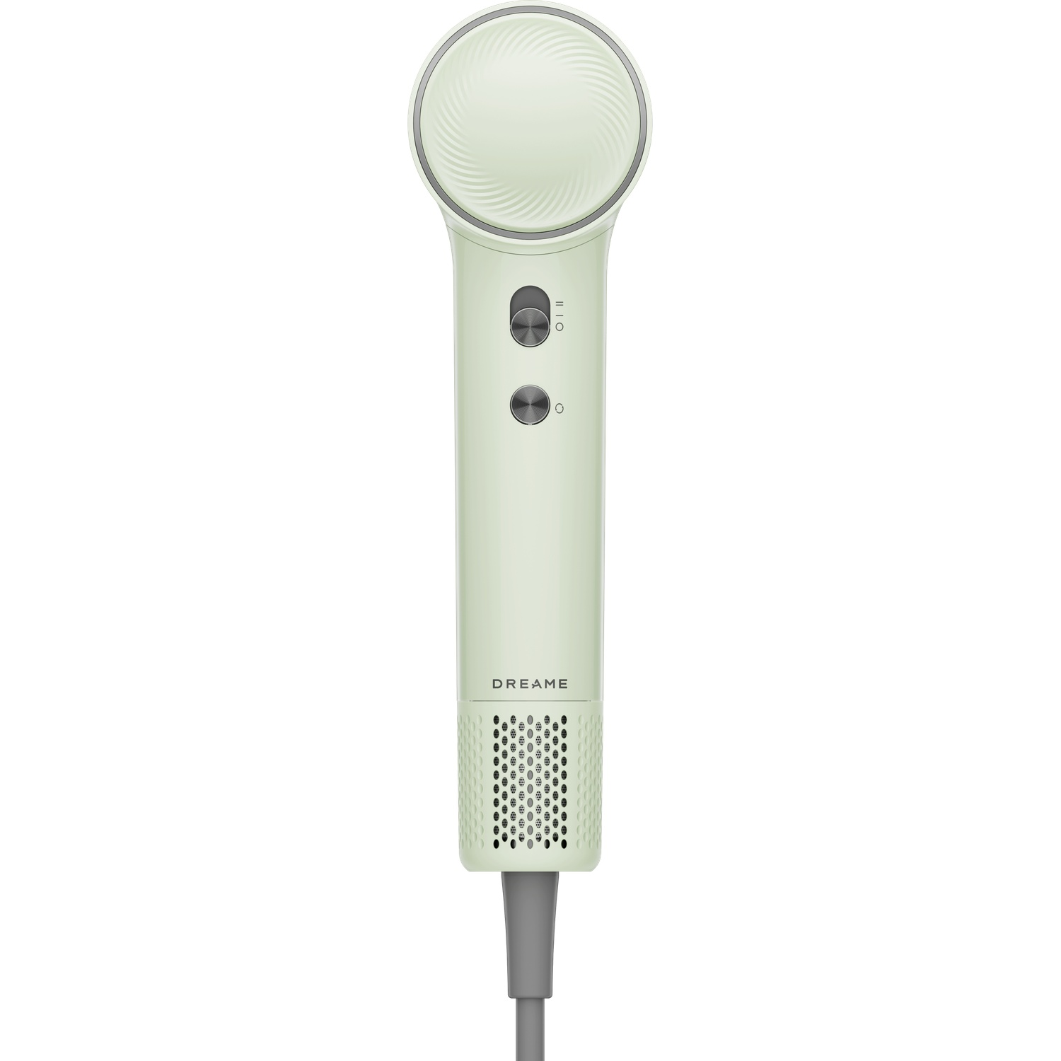 A light green hairdryer with silver buttons and a grille at the bottom.