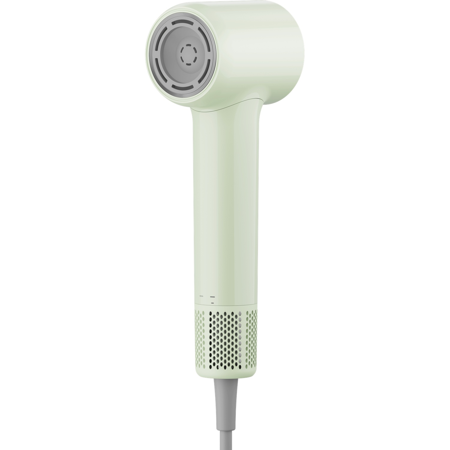 A light green hairdryer with a gray handle and vents.