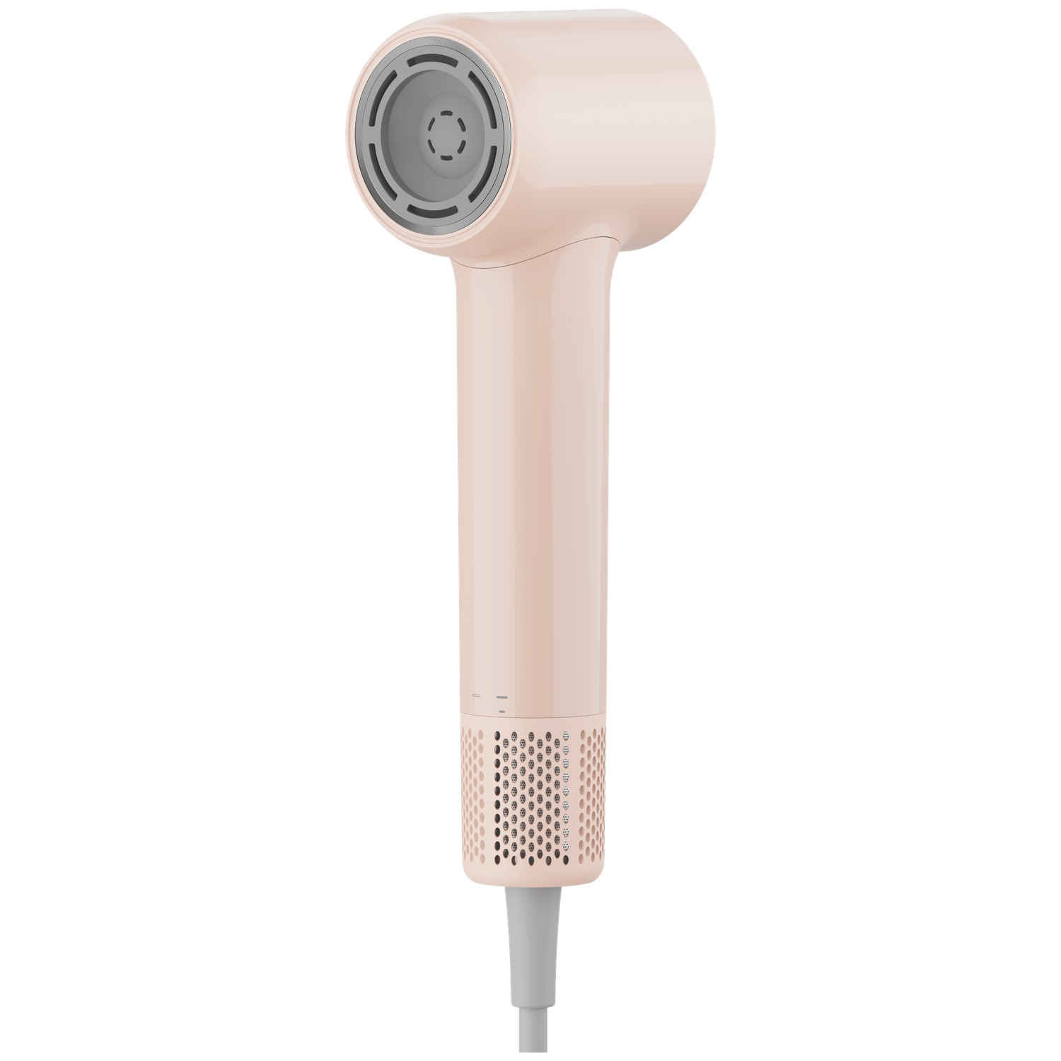 A pink hairdryer with silver accents stands upright against a white background.
